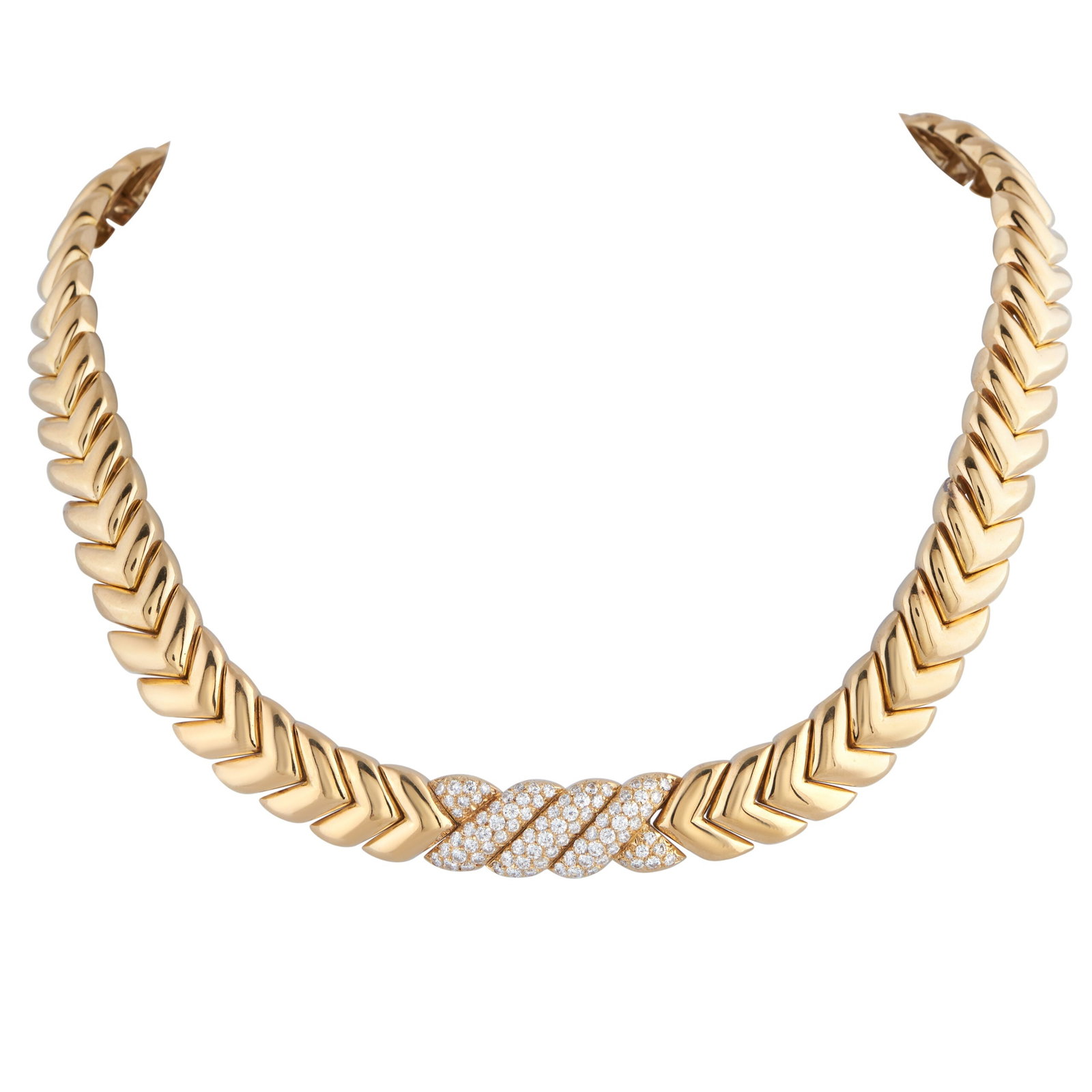 VAN CLEEF & ARPELS Van Cleef & Arpels 18K Yellow Gold 4.0ct Diamond Necklace: A sleek, sophisticated design makes this Van Cleef & Arpels necklace impossible to ignore. Chevron links crafted from 18K Yellow Gold add undeniable elegance, while inset Diamonds totaling 4.0 carats 