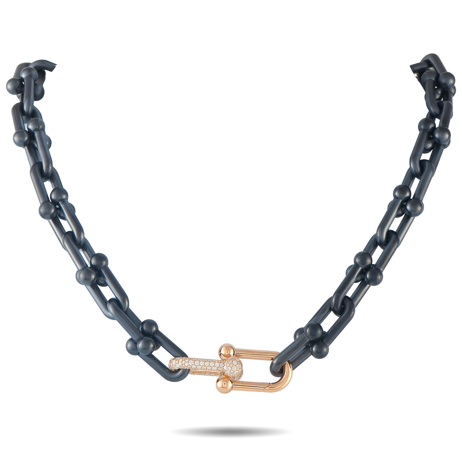 Tiffany & Co. Titanium and 18K Rose Gold Diamond Limited Edition Necklace MSRP: $25,500: MSRP: $25,500 Part industrial hardware, part high jewelry. This unconventional piece from Tiffany & Co.’s HardWear collection replaces traditional precious-metal softness with black titanium links, 