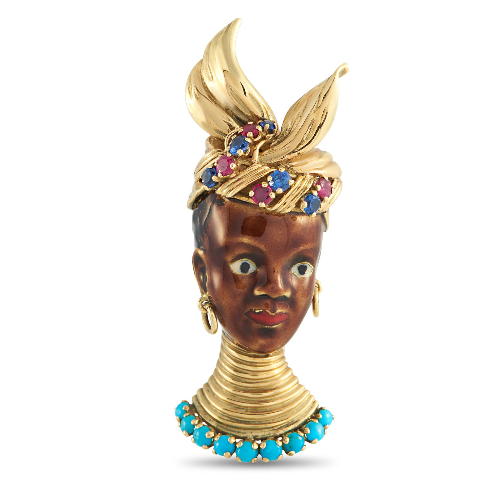 Antique 18K Yellow Gold Sapphire, Ruby, Turquoise, and Enamel French Blackamoor Brooch: This French Blackamoor brooch depicts an African woman. Crafted from 18K Yellow Gold, it beautifully combines enamel, Sapphires, Rubies, and Turquoise gemstones. It measures 2.25” long by 0.75&r