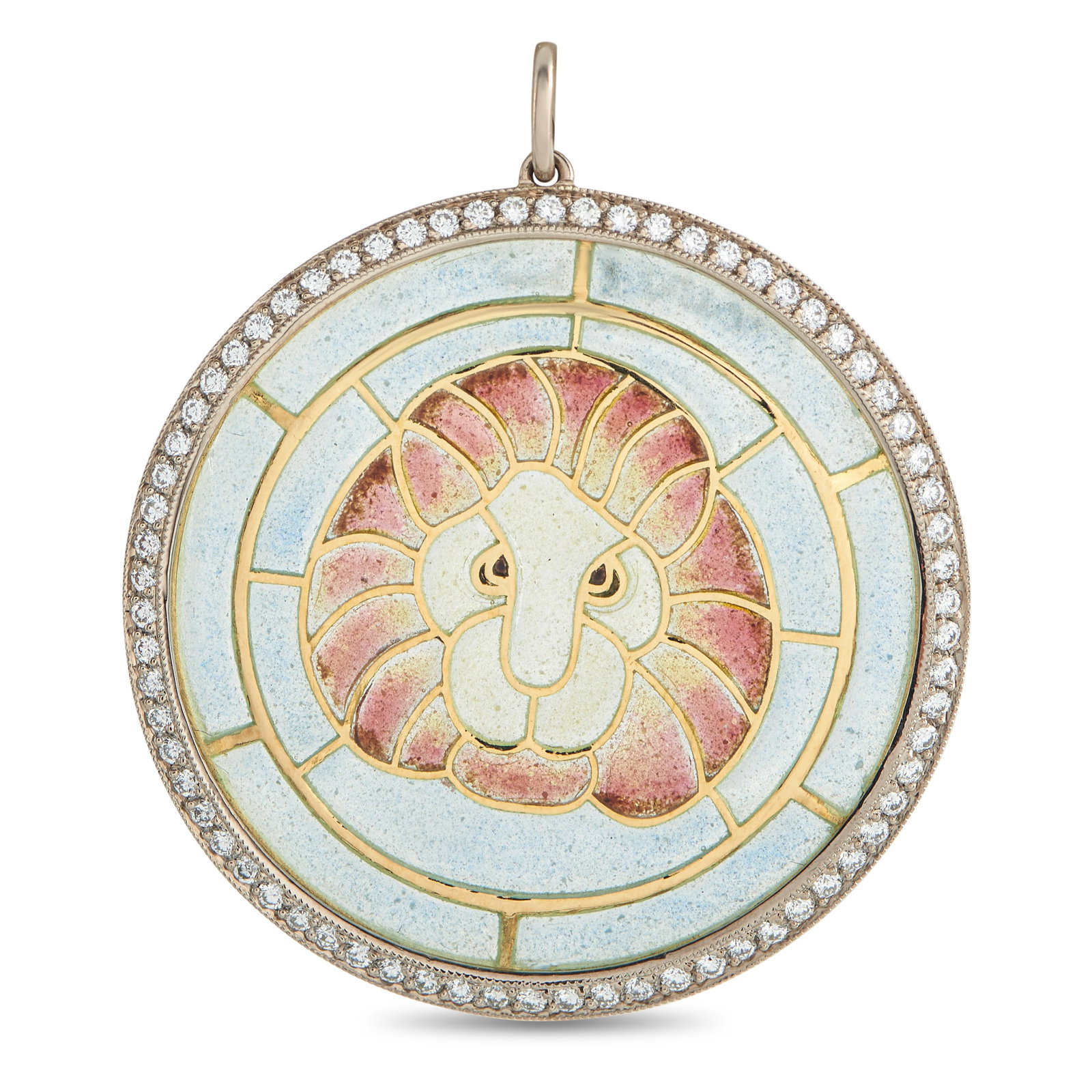 18K Yellow Gold Diamond Plique-à-Jour Lion Pendant: This luminous pendant exudes artistic elegance. Crafted using a traditional Plique-à-Jour technique that mimics the look of stained glass, a translucent Lion motif at the center of the circular setti