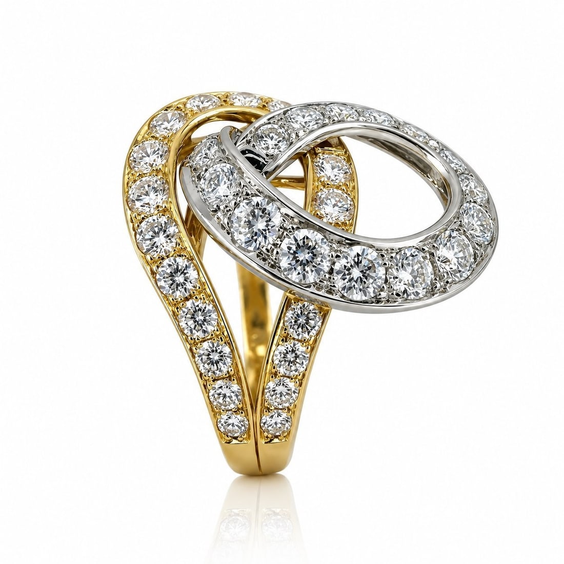 18K Ring in Yellow and White Gold and 2.50ct Diamonds: 18K Ring in Yellow and White Gold and 2.50ct Diamonds Material: 18K Yellow and White Gold Weight: 8.7 Grams Diamonds: 2.50 Total Diamond Carat Weight, 40 Total Round Diamonds Ring Size: US 8. 3/4 / EU