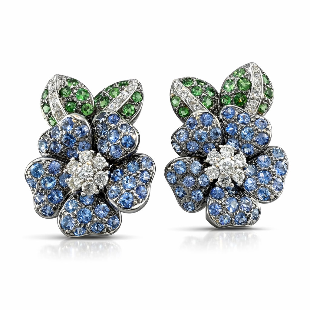 18K White Gold 0.42ct Diamond, Emerald and Sapphire Floral Earrings (1 of 6)
