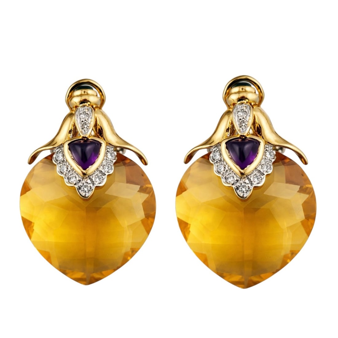18K Yellow Gold 45ct Citrine, 0.2ct Diamond, Emerald, Amethyst Earrings: 18K Yellow Gold 45ct Citrine, Diamond, Emerald, Amethyst Earrings A striking pair of sculptural Earrings featuring open round cut citrines suspended within an architectural gold framework. The citrine