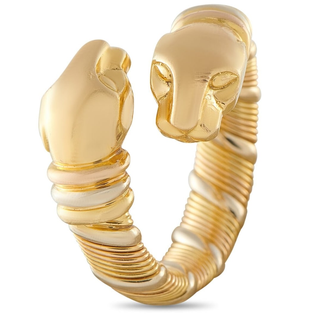 Cartier Vintage Panthere 18K Yellow Gold Ring: Vintage Cartier Panthere 18K Yellow Gold Ring This Cartier Panthere ring beautifully showcases the luxury brand’s symbolic animal. The textured band and bypass design provides it with the perfect am