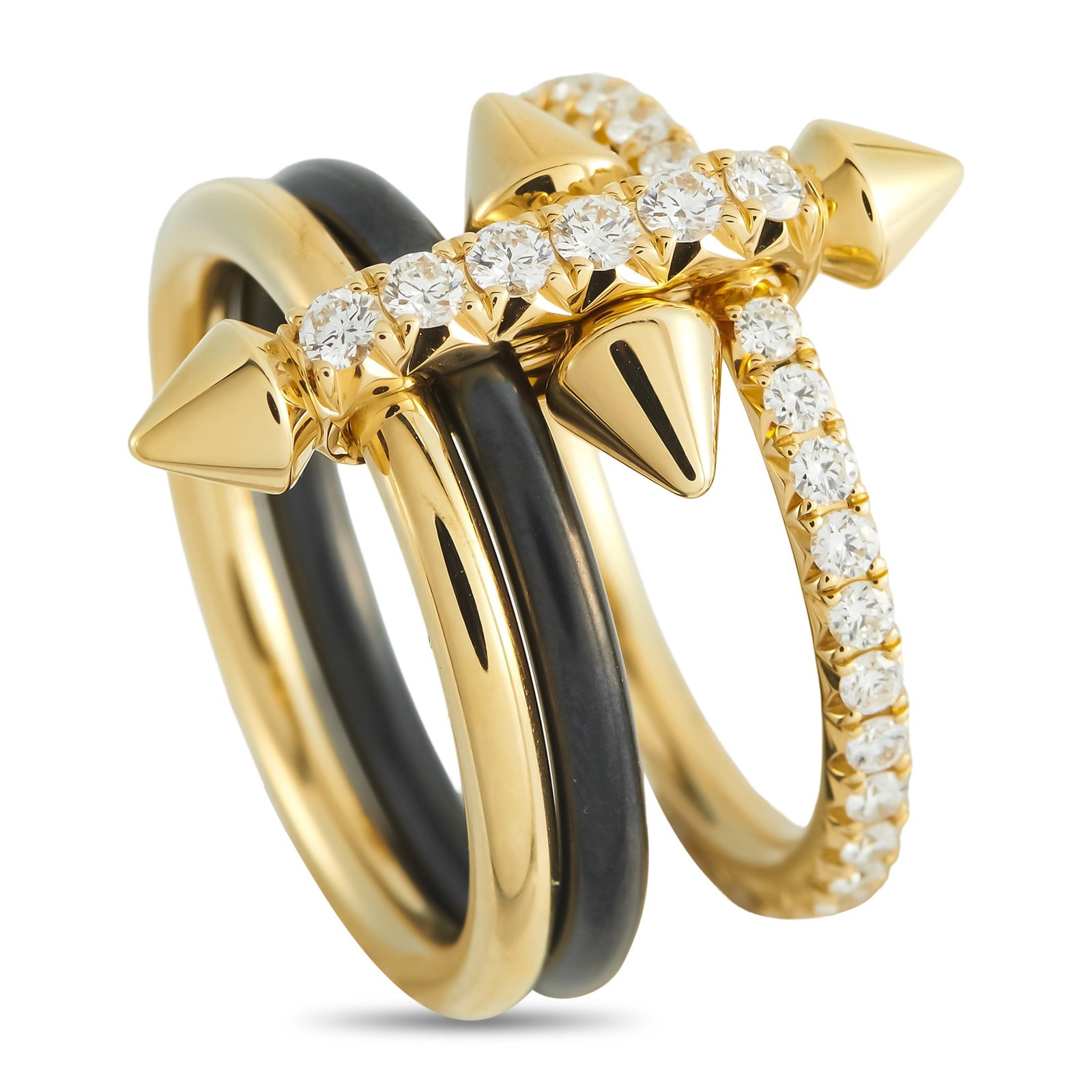Tiffany & Co. Titan by Pharrell Williams 18K Yellow Gold and Titanium 1.14ct Diamond Ring: This Tiffany & Co. Tiffany Titan ring by Pharrell Williams drops the standard single-band look for three interconnected layers. Two yellow gold bands flank a contrasting titanium ring, all held in pla