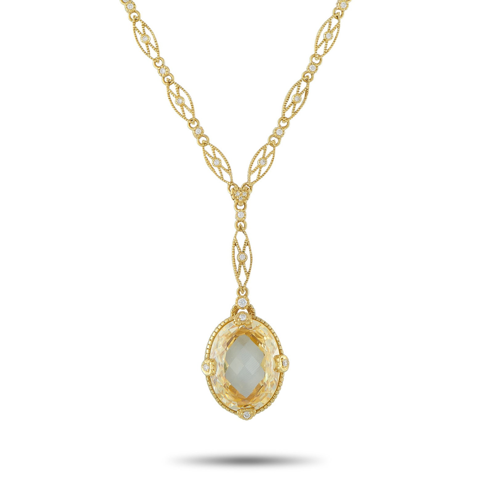JUDITH RIPKA 18K Yellow Gold 0.75ct Diamond and Citrine Necklace: This Judith Ripka necklace is filled with intricate details. Incredibly opulent, the breathtaking Citrine center stone is accented by Diamonds with a total weight of 0.75 carats. Crafted from 18K Yell