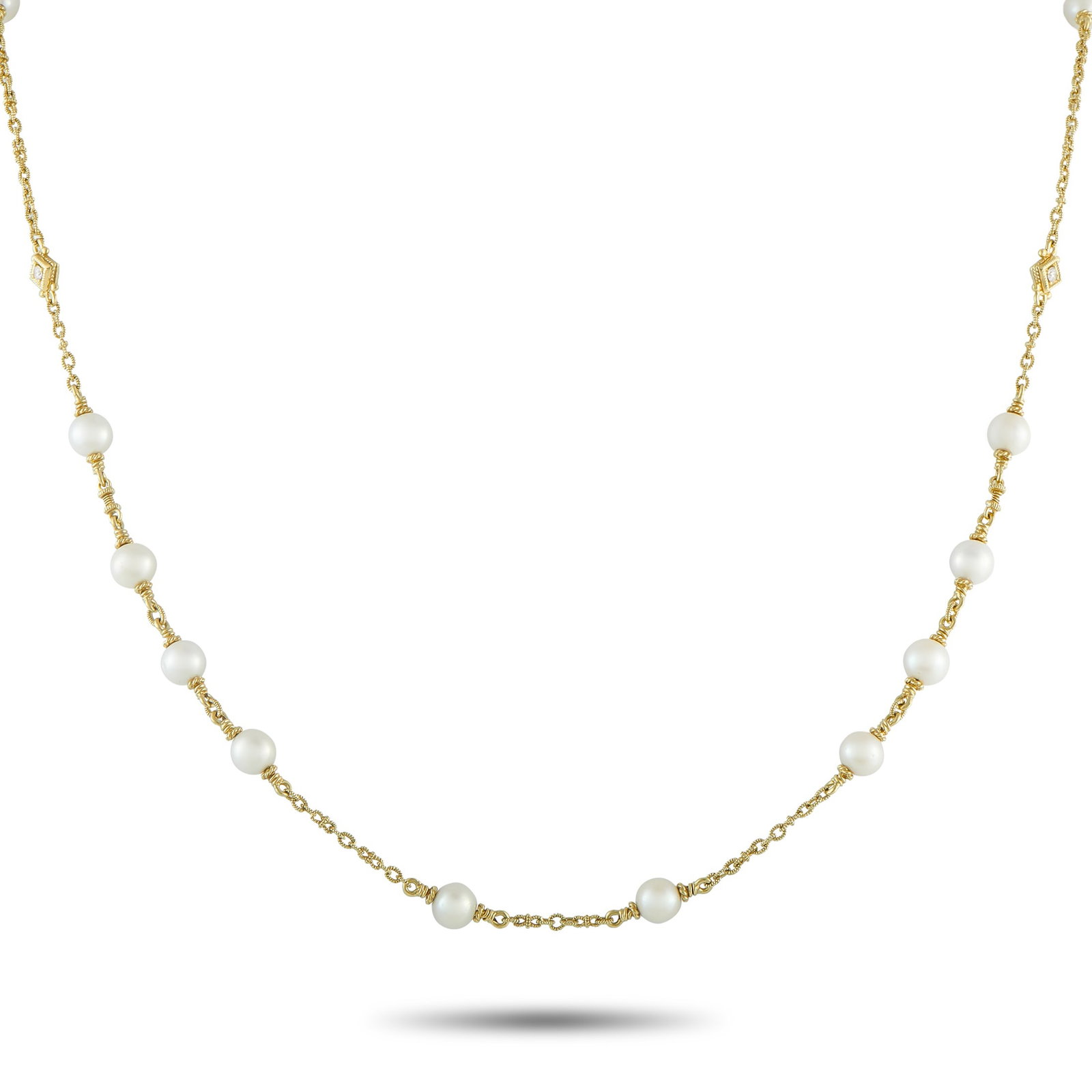 JUDITH RIPKA 18K Yellow Gold 0.15ct Diamond and Pearl Necklace: This impeccably crafted Judith Ripka necklace will complement any ensemble. Textured metalwork elevates the 18K Yellow Gold chain, while Pearl accents and Diamonds totaling 0.15 carats make it incredi