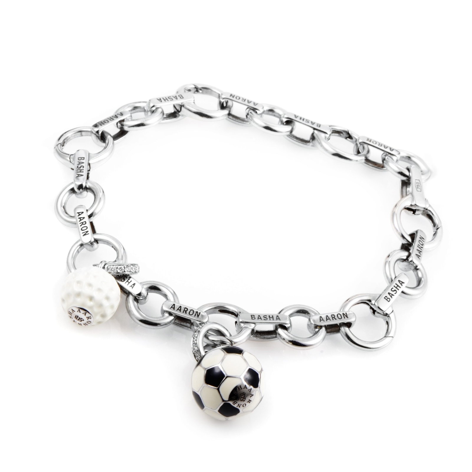 AARON BASHA 18K White Gold Diamond Sports Charm Bracelet: Indulge yourself with this fantastically designed charm bracelet from Aaron Basha! The bracelet is made of 18K white gold and is comprised of heart-shaped links. Dangling from the links are a lacquere