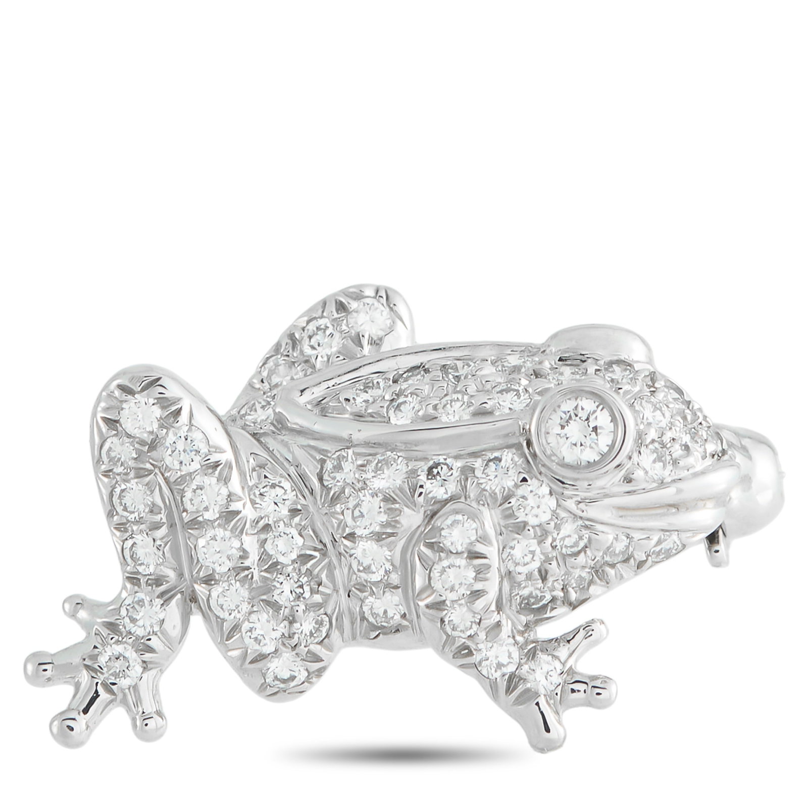 Tiffany & Co. 18K White Gold Diamond Frog Brooch: Add a touch of charm and luxury to any ensemble with this Tiffany & Co. frog brooch. Set in 18K White Gold, the detailed design comes to life thanks to sparkling inset Diamonds. It measures 0.50&rdquo