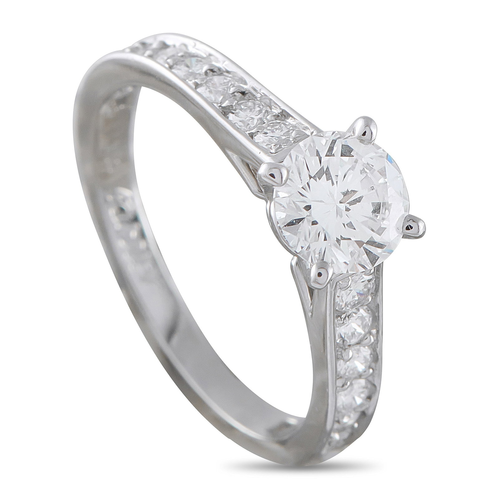Cartier Platinum 0.97ct Diamond Engagement Ring: This Cartier engagement ring is a luxury piece that will never go out of style. The simple Platinum setting includes channel-set Diamonds totaling 0.25 carats. A 0.72 carat round-cut Diamond center st