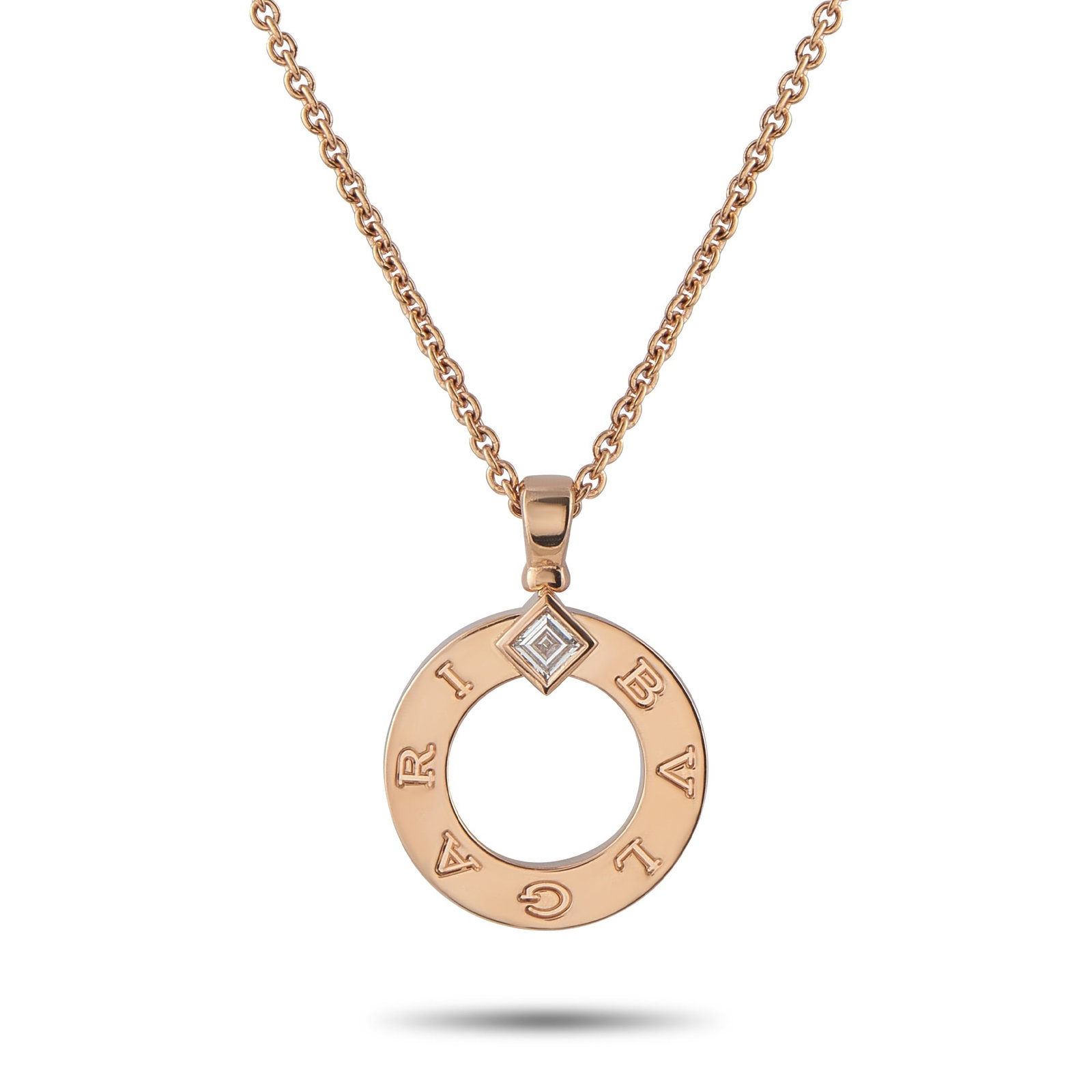 Bvlgari 18K Rose Gold Diamond Pendant: On this Bvlgari Bvlgari necklace, the collection’s trademark logo evokes the curved inscriptions found on ancient Roman coins. A piece that beautifully blends the past and present, a single carré D