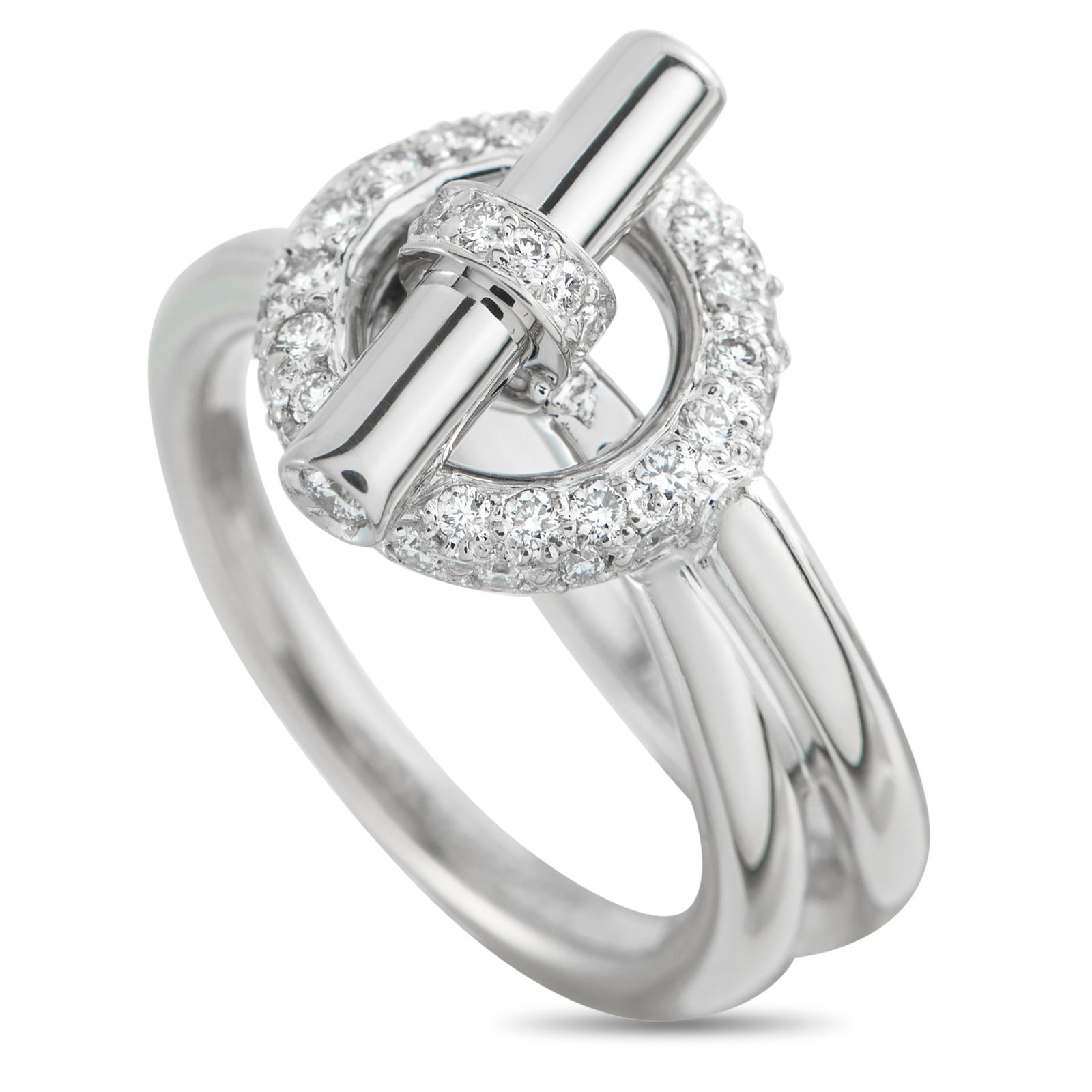 HERMES Echappee 18K White Gold Diamond Ring: This Hermes Echappee ring reinvents one of the brand’s most iconic motifs. The sophisticated toggle clasp design at the top is elevated by sparkling inset Diamonds. Crafted from 18K White Gold, a 5m