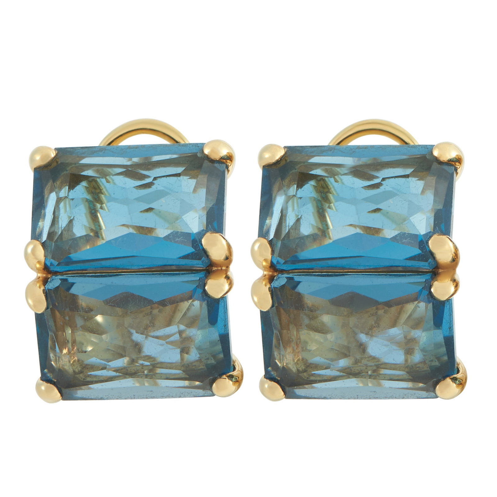 IPPOLITA 18K Yellow Gold Topaz Earrings: Vibrant blue Topaz gemstones make these Ippolita earrings impossible to ignore. Perfect for adding a stunning pop of color to any ensemble, each earring measures 0.60” long by 0.45” wide a