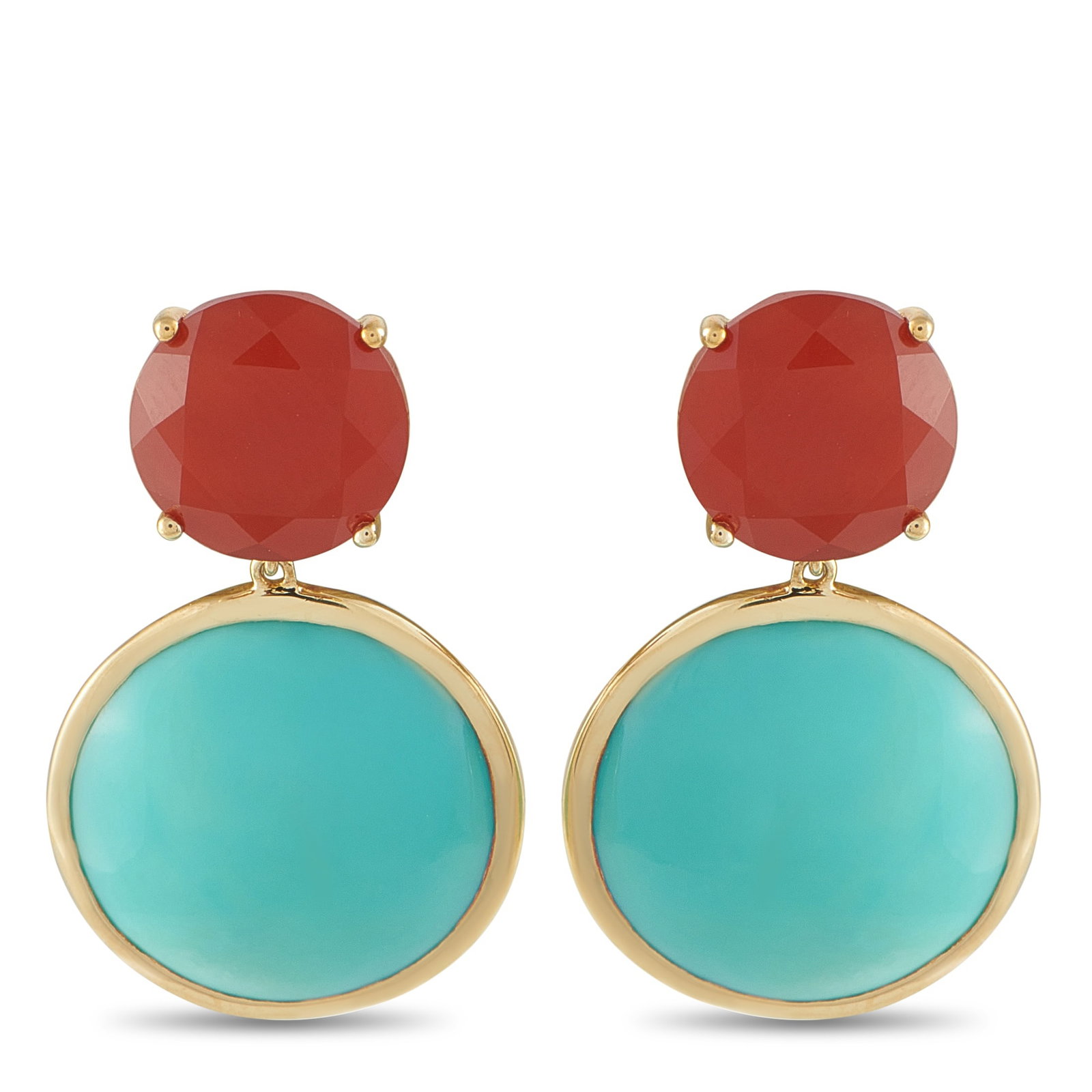 IPPOLITA 18K Yellow Gold Turquoise and Carnelian Earrings: Contrasting colors give these Ippolita earrings a statement-making sense of style. Chic and incredibly modern, they feature a Turquoise stone and a Carnelian stone within a minimalist 18K Yellow Gold 