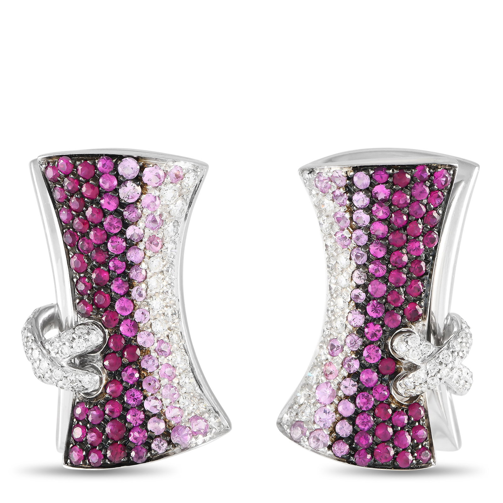 Stefan Hafner 18K White Gold 0.95ct Diamond and Pink Sapphire Earrings: Italian sophistication emanates from these bejeweled earrings by Stefan Hafner. They’re clad in fine 18K white gold and feature a unique silhouette reminiscent of a corset. Pave-set white diamonds a