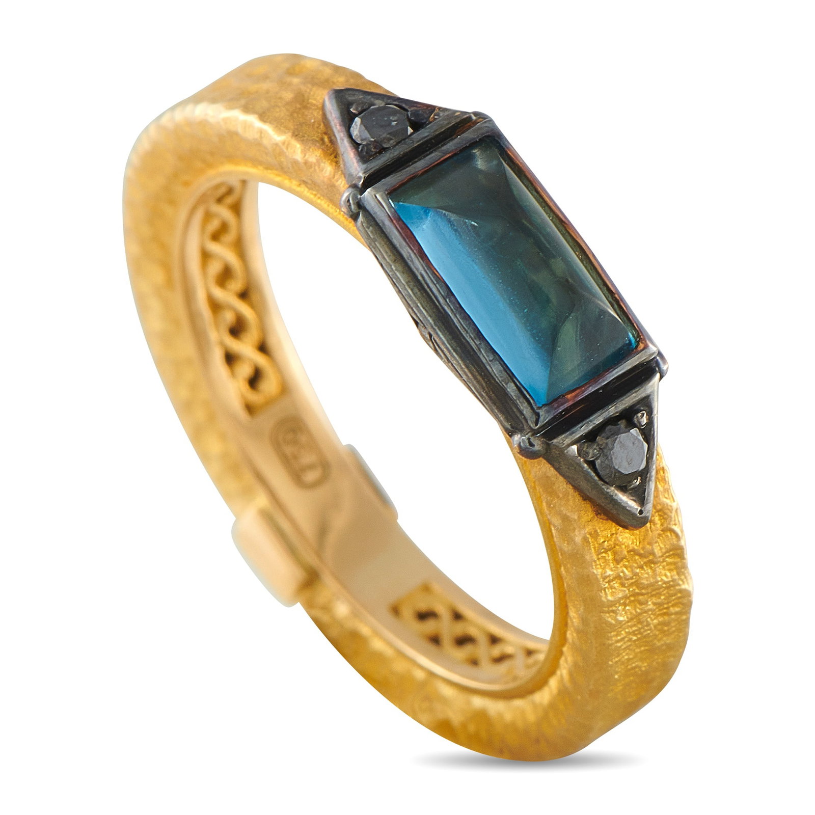 Konstantino 18K Yellow Gold Black Diamond and Topaz Ring: A blue Topaz gemstone in an east-west arrangement adds a pop of color to the center of this simple, elegant Konstantino ring. Black Diamond accents flank the center stone and make this exquisitely sty
