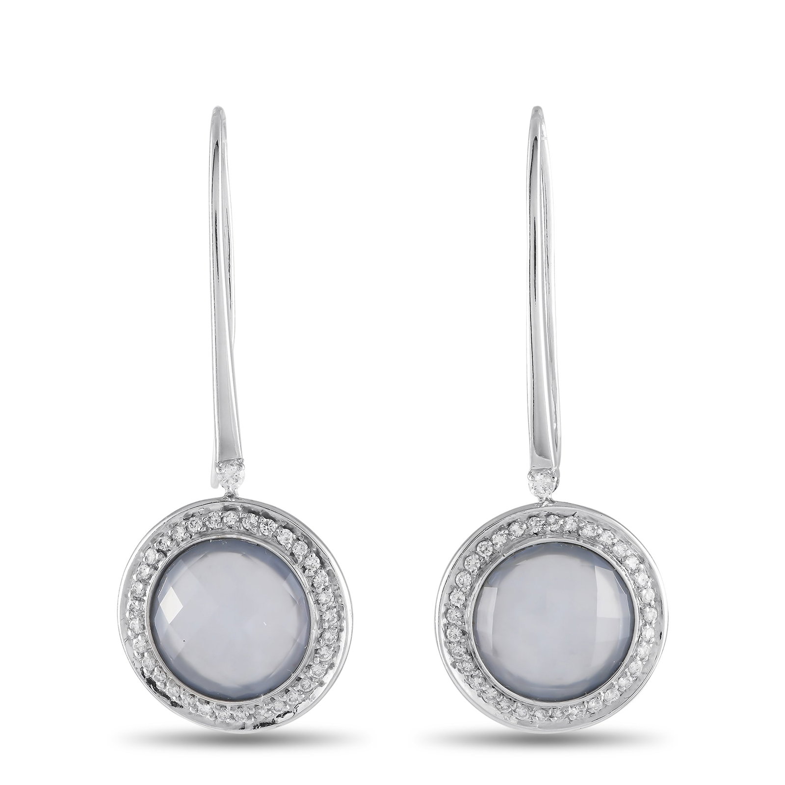 Casato 18K White Gold 0.65ct Diamond and Chalcedony Drop Earrings: Sleek and incredibly elegant, these sophisticated Casato earrings are ideal for anyone with a minimalist aesthetic. The streamlined 18K white gold setting beautifully showcases the capitating round ch