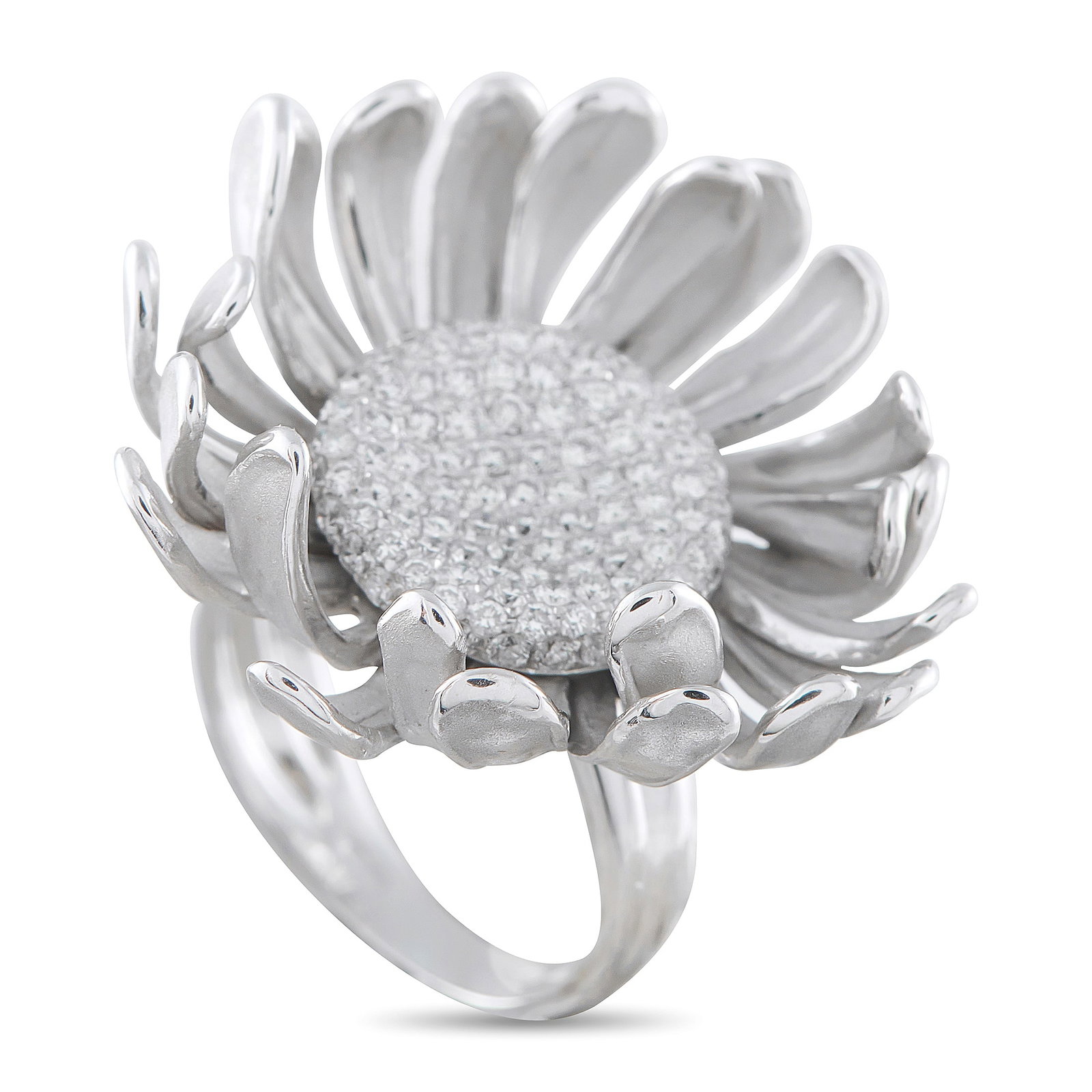 Annamaria Cammilli 18K White Gold 0.90ct Diamond Flower Ring: Curved petals give this Annamaria Cammilli flower ring a three dimensional quality. Bold and incredibly chic, this artistic piece is elevated by sparkling inset Diamonds totaling 0.90 carats at the ce