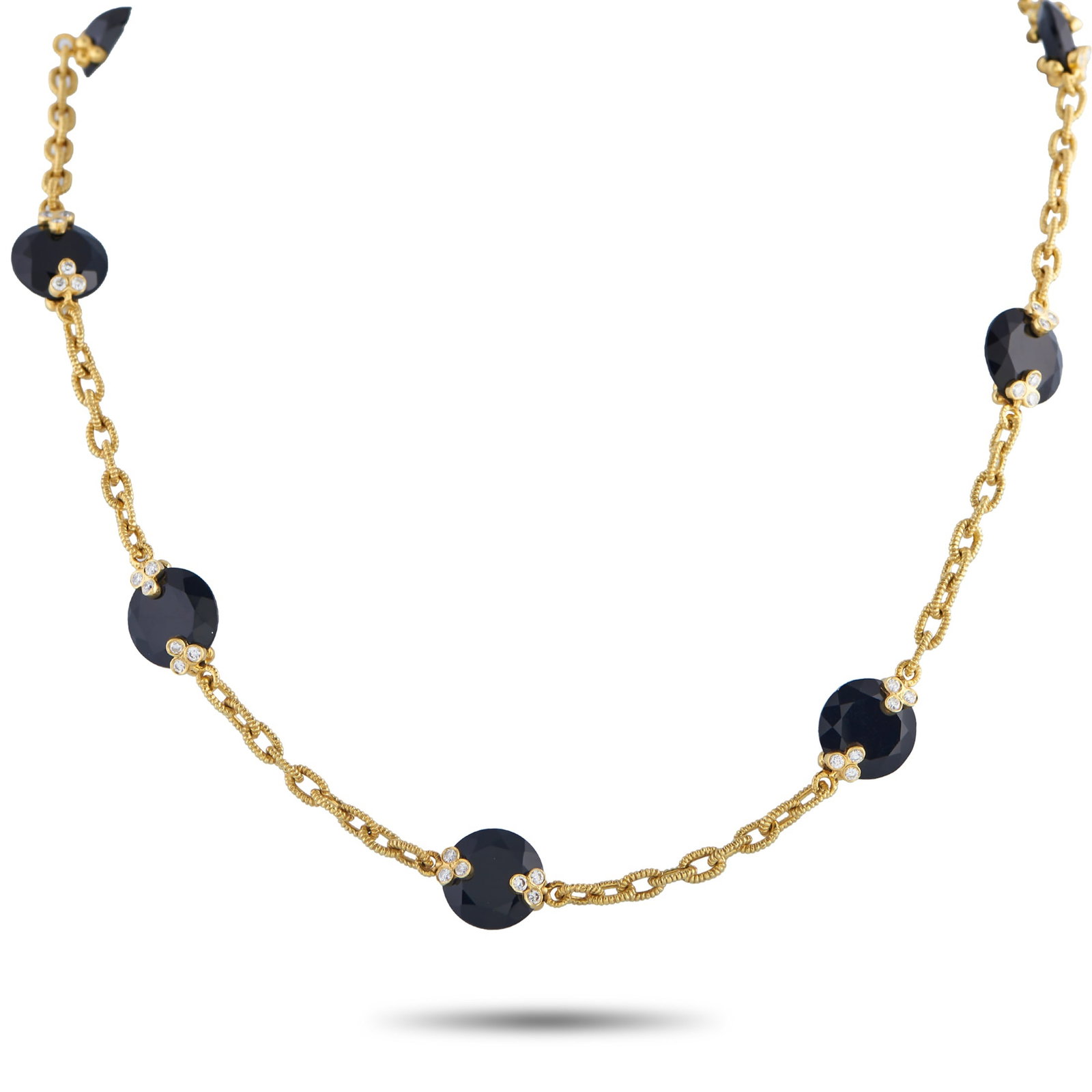 Judith Ripka 18K Yellow Gold 1.05ct Diamond and Onyx Necklace: This Judith Ripka necklace is simply exquisite. Textured 18K Yellow Gold metalwork adds dimension to the 16” chain. The simple, elegant design is further elevated by Onyx accents and sparkling D