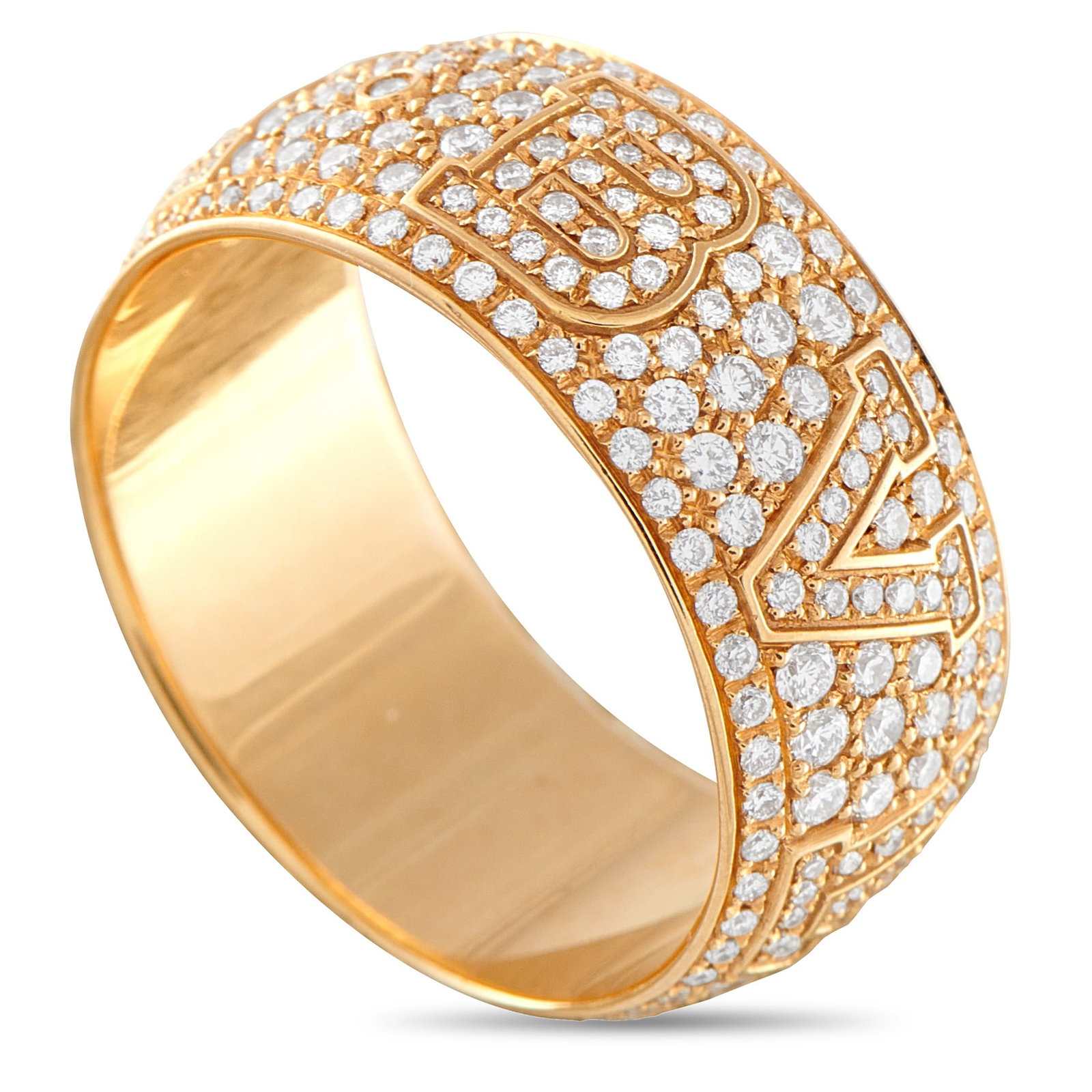 Bvlgari Monologo 18K Yellow Gold 2.0ct Diamond Ring: This Bvlgari Monologo ring features the luxury brand’s moniker cut in bold relief. Pavé set round Diamonds with a total weight of 2.0 carats cover the entirety of this piece, making it an impressiv