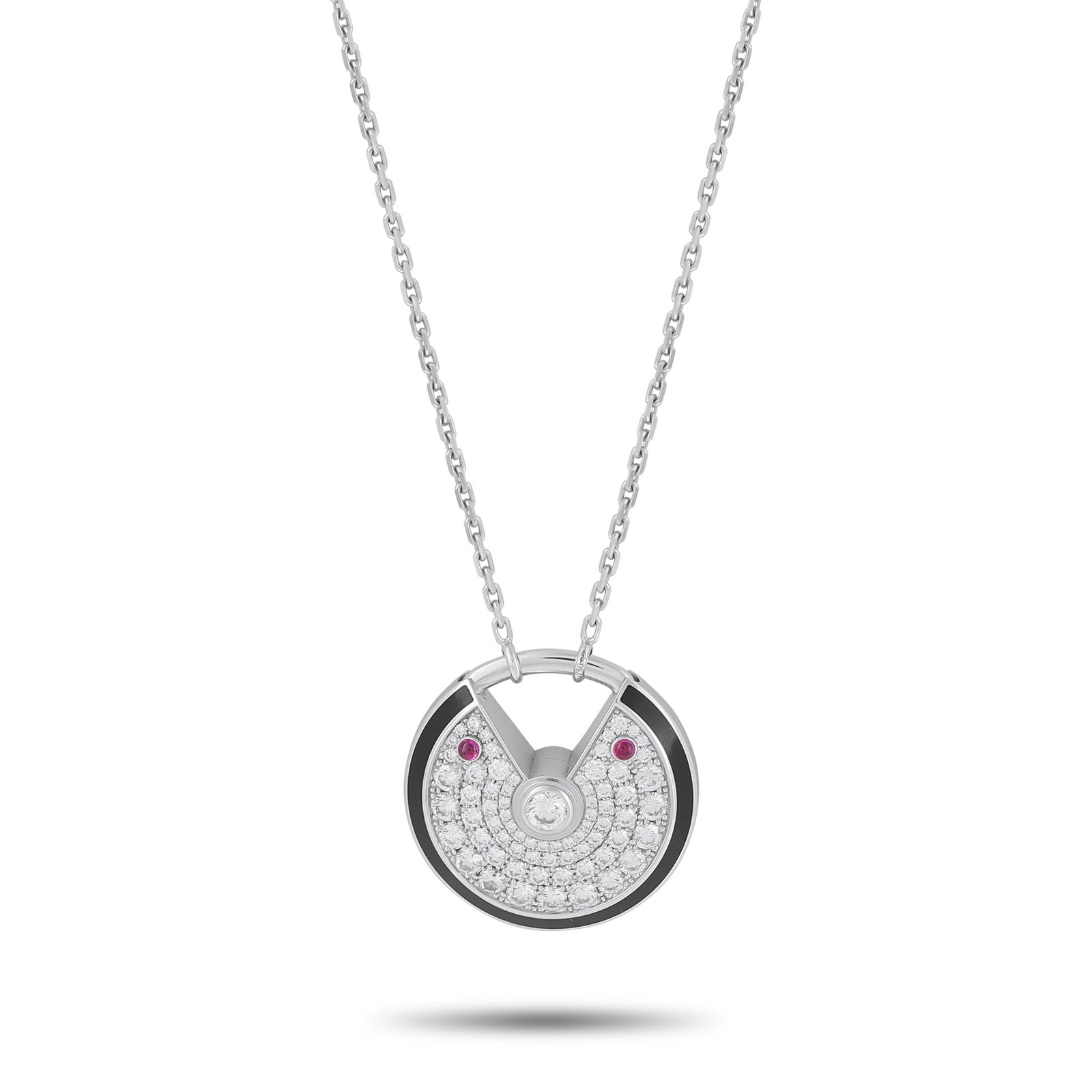 Cartier Amulette de 18K White Gold 1.40ct Diamond Pendant: This Cartier Amulette de Cartier necklace features the collection’s signature padlock-shaped motif. Crafted from 18K White Gold, the circular pendant measures 1.0” round and includes sparkling