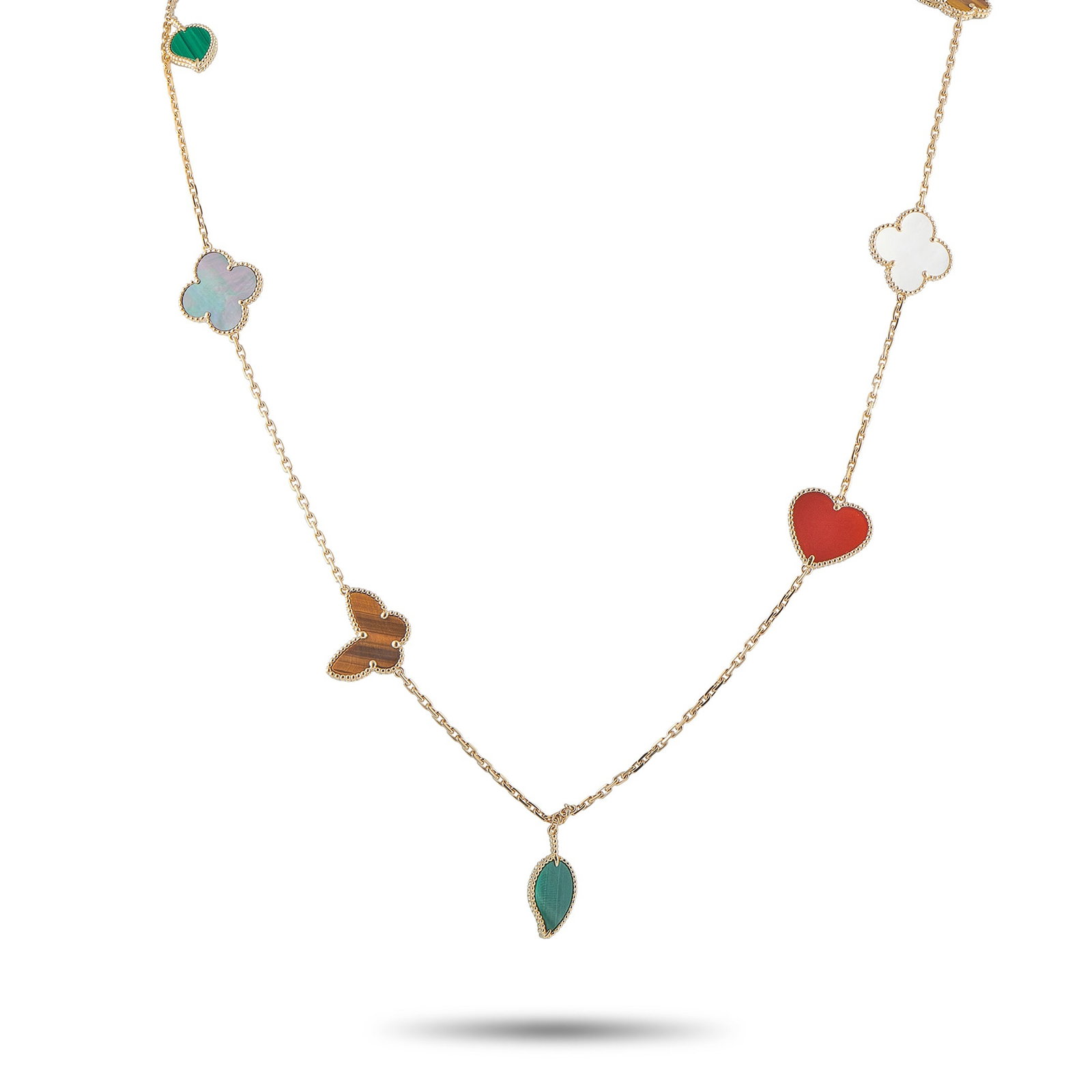 Van Cleef & Arpels Lucky Alhambra 18K Yellow Gold 12-Motif Necklace: A playful design makes this Van Cleef & Arpels Lucky Alhambra necklace simply unforgettable. Twelve of the brand’s iconic motifs in multicolored precious materials adorn the simple 34” chain. 