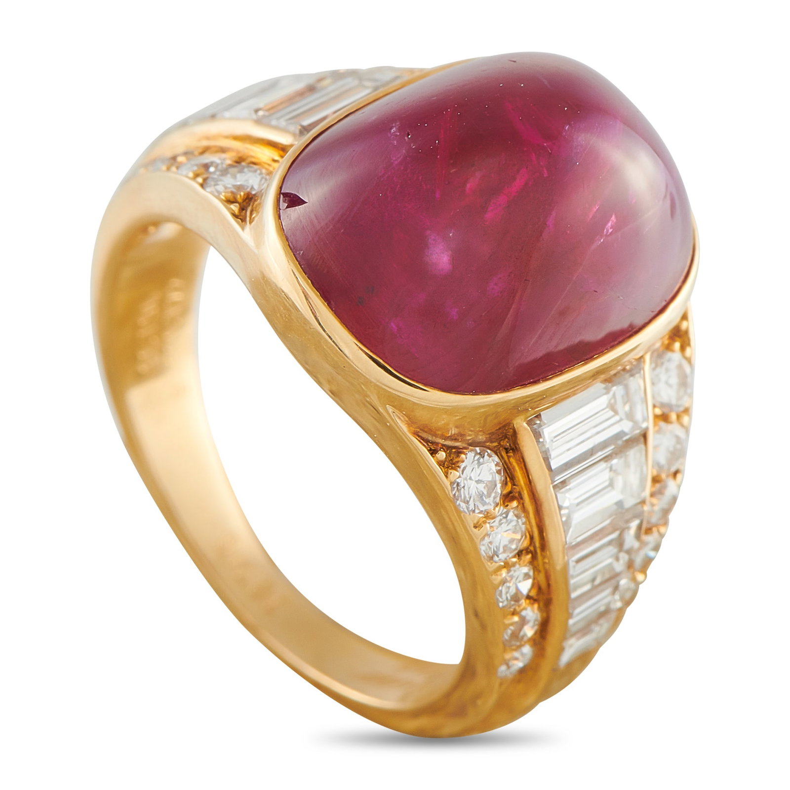 Van Cleef & Arpels Vintage 18K Yellow Gold 1.96ct Diamond and Burma No Heat Ruby Ring: This vintage Van Cleef & Arpels ring is a timeless luxury piece that will never go out of style. At the center, a breathtaking 11.72 carat Burma No Heat Ruby cabochon adds an elegant pop of color. Dia