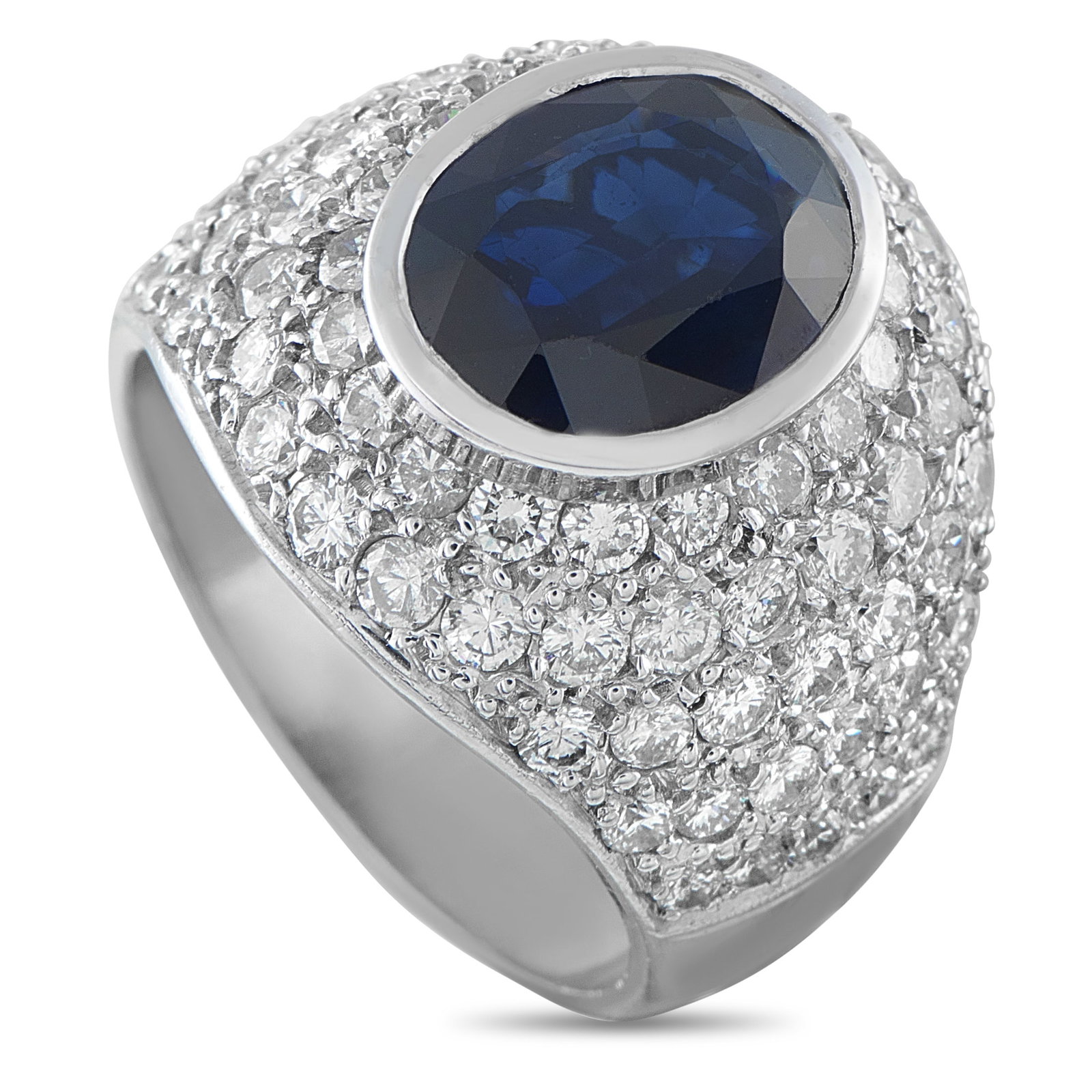 18K White Gold 3.0ct Diamond and Sapphire Ring: This luxury ring offers timeless sophistication. The classic 18K White Gold setting shines to life thanks to sparkling inset Diamonds totaling 3.0 carats. At the center, a 3.80 carat Sapphire makes it