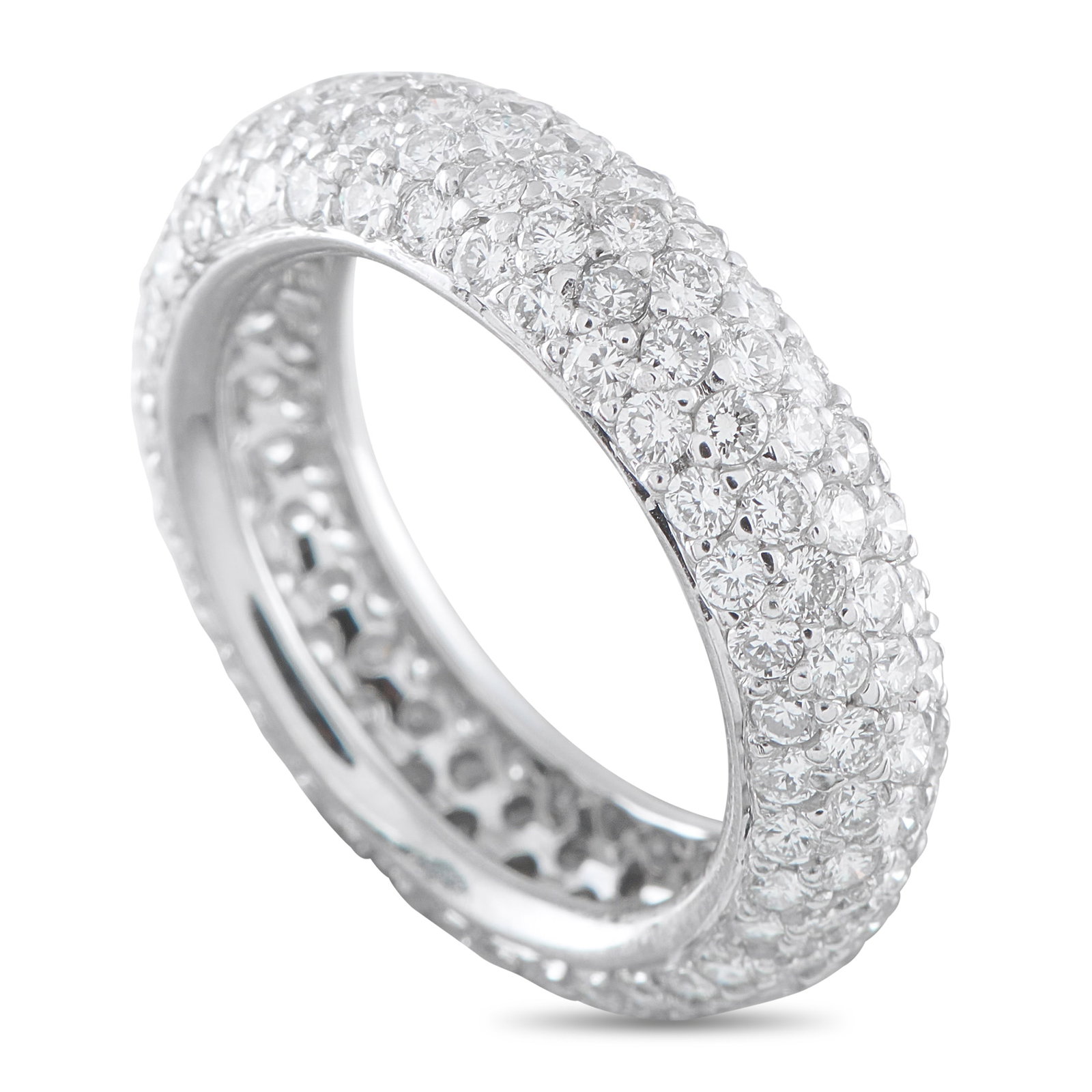 18K White Gold 3.50ct Diamond Pave Eternity Ring: With an all-over shimmer, this ring is meant to be seen. This high-domed eternity ring in white gold is fully pavé-set with diamonds that wrap continuously around the band. Across the 9mm wide band