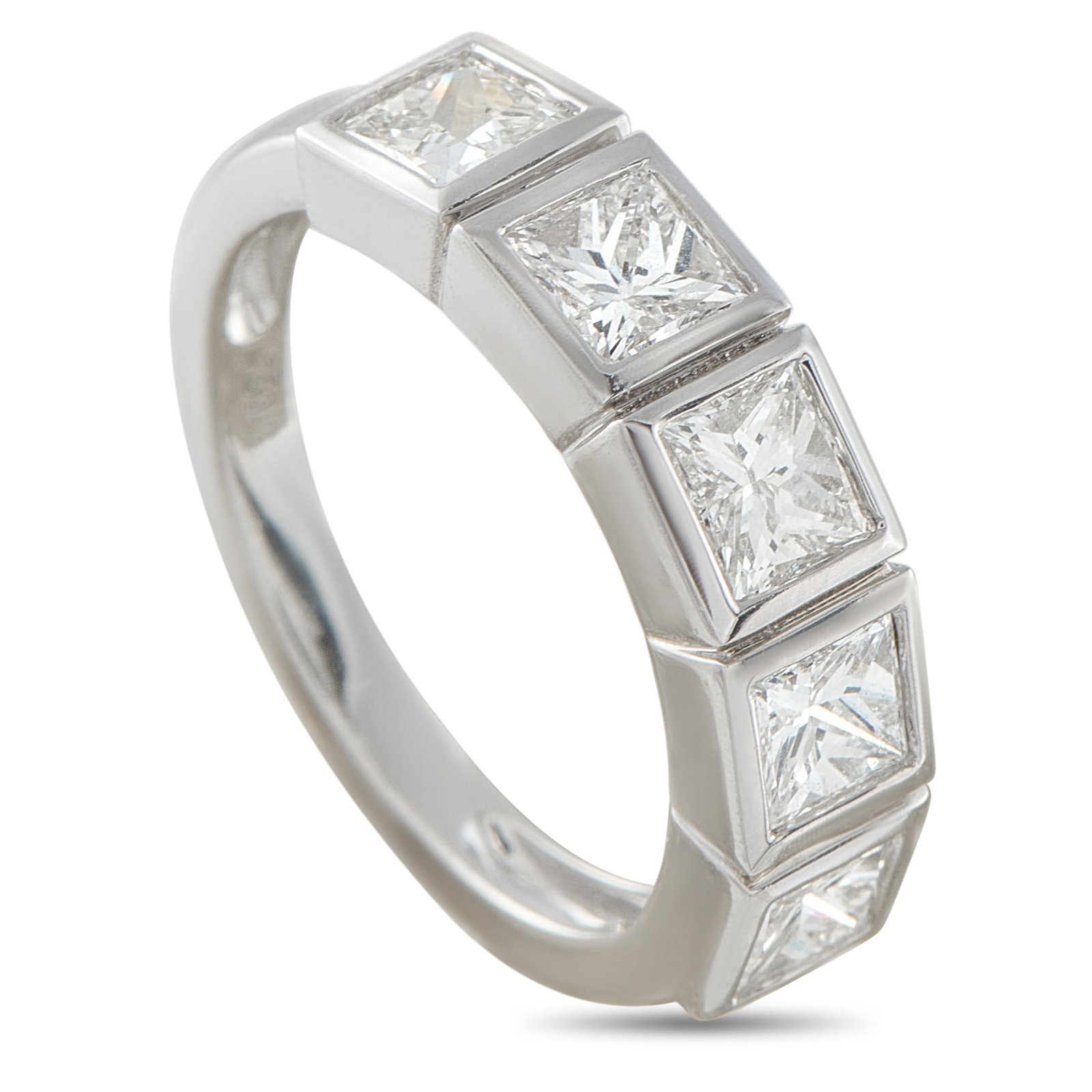 18K White Gold 1.80ct Diamond Princess-Cut 5-Stone Ring: An 18K white gold ring set with five princess-cut diamonds, each framed in a smooth bezel that emphasizes their sharp geometry. Arranged in a neat line across the band, the 1.80 carats diamonds return