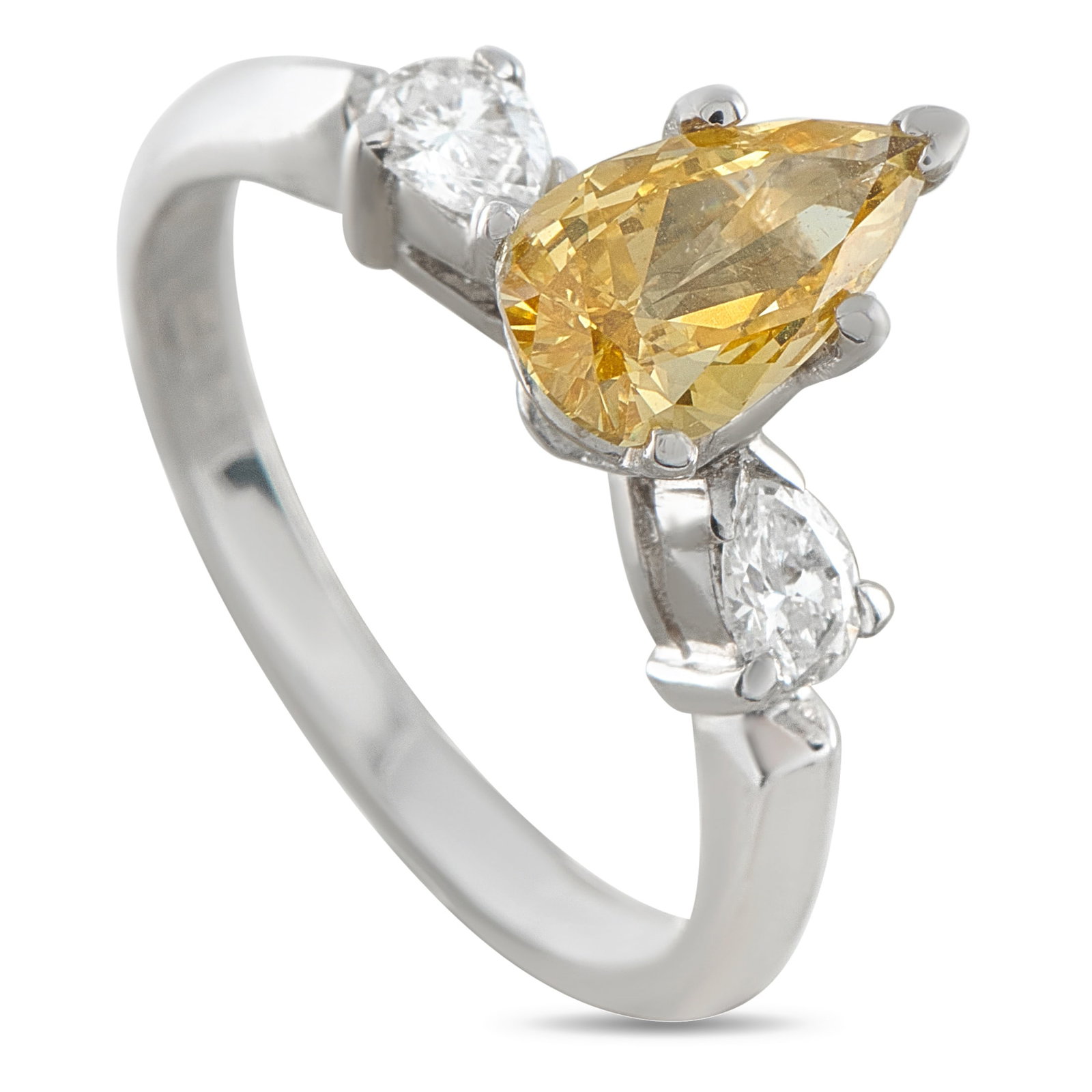 14K White Gold Diamond and 0.74ct Natural Orange Diamond Ring: Sharp in both silhouette and color, this Exclusive piece builds its identity around pointed forms and directional lines. At its center is a 0.74-carat natural orange diamond appearing in a north-south