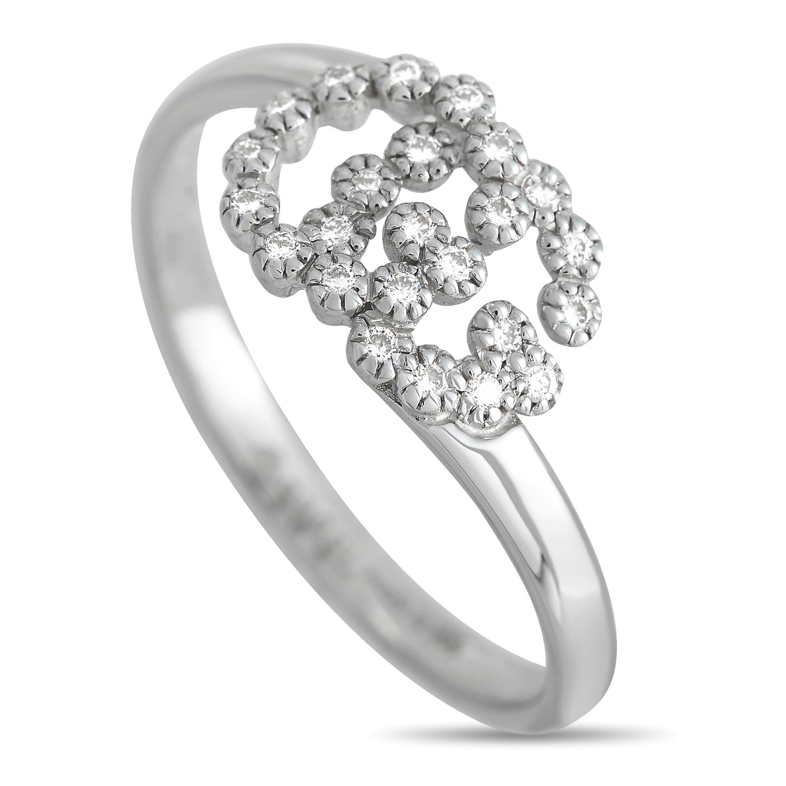 Gucci Double G 18K White Gold Diamond Ring: On this Gucci Double G ring, the luxury brand’s iconic logo comes to life thanks to sparkling diamonds. Crafted from 18K White Gold, this piece features a top height and band width measuring 2mm. Ri