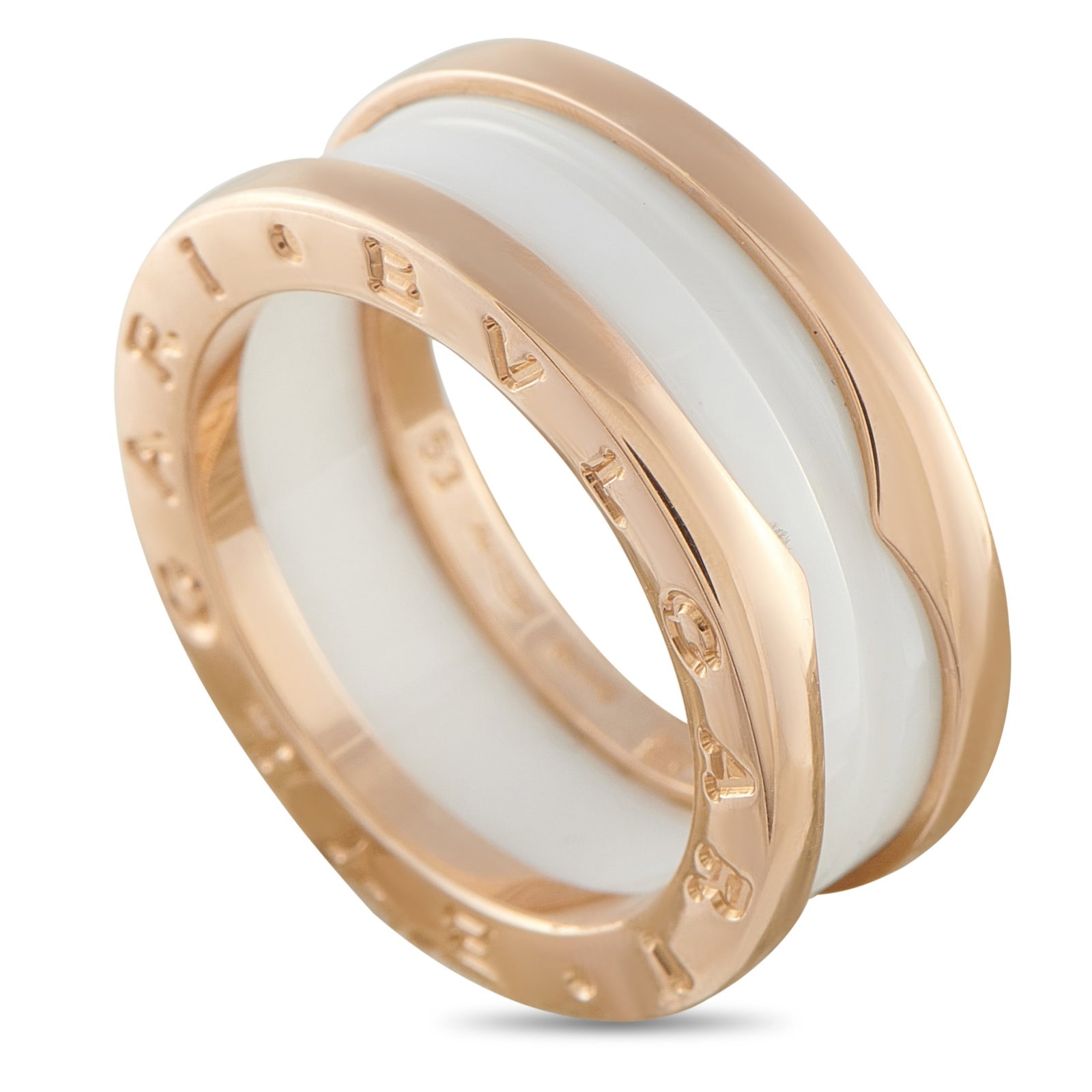 Bvlgari B.zero1 18K Rose Gold White Ceramic Ring: Add style and sophistication to any ensemble with this Bvlgari B.Zero1 ring. Inspired by the aesthetics of Roman architecture, this piece pairs lustrous 18K Rose Gold with a white ceramic accent at th