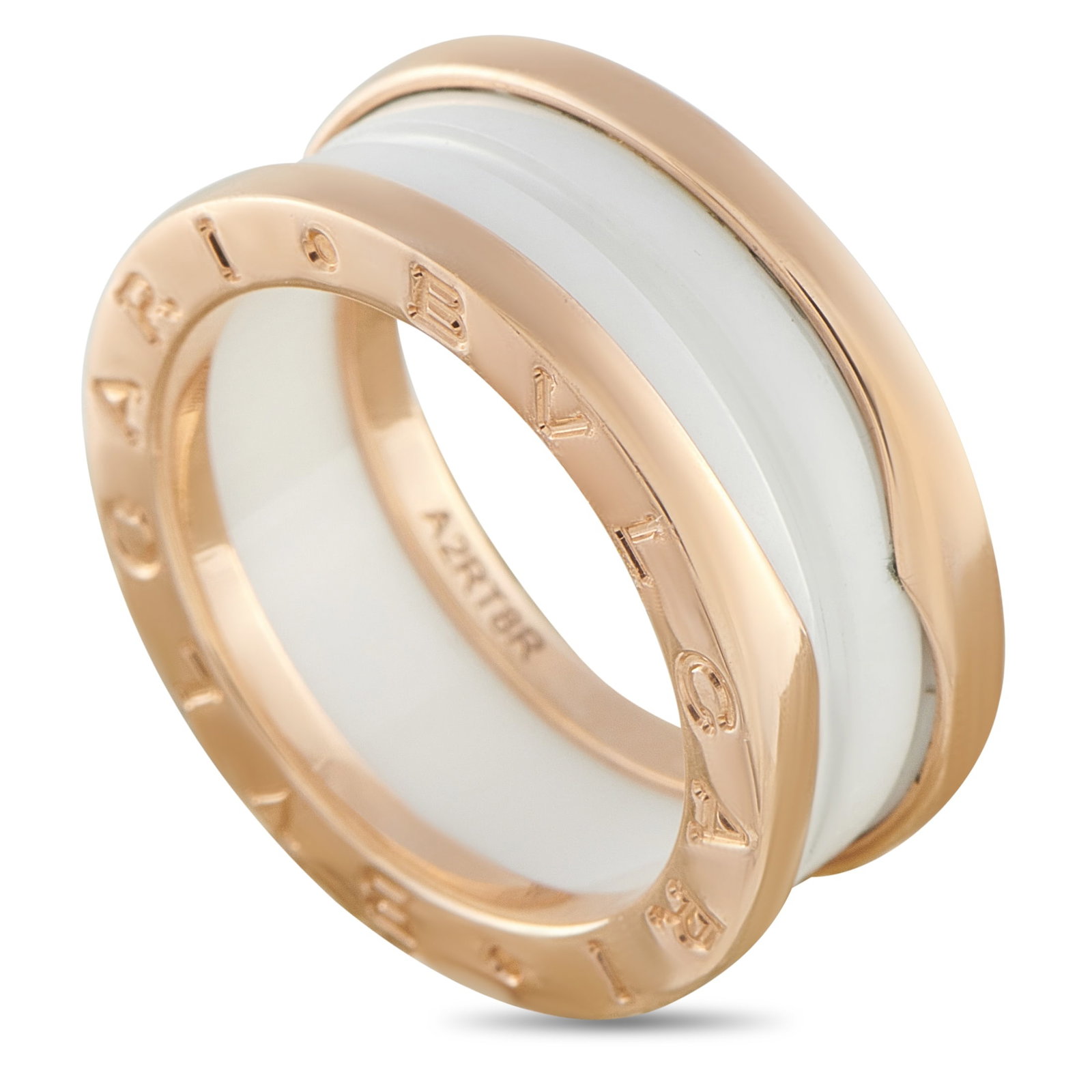 Bvlgari B.zero1 18K Rose Gold White Ceramic Ring: This impeccably crafted Bvlgari B.Zero1 ring blends industrial design elements with the aesthetics of Roman architecture. At the center, a white ceramic accent showcases the collection’s evocative s