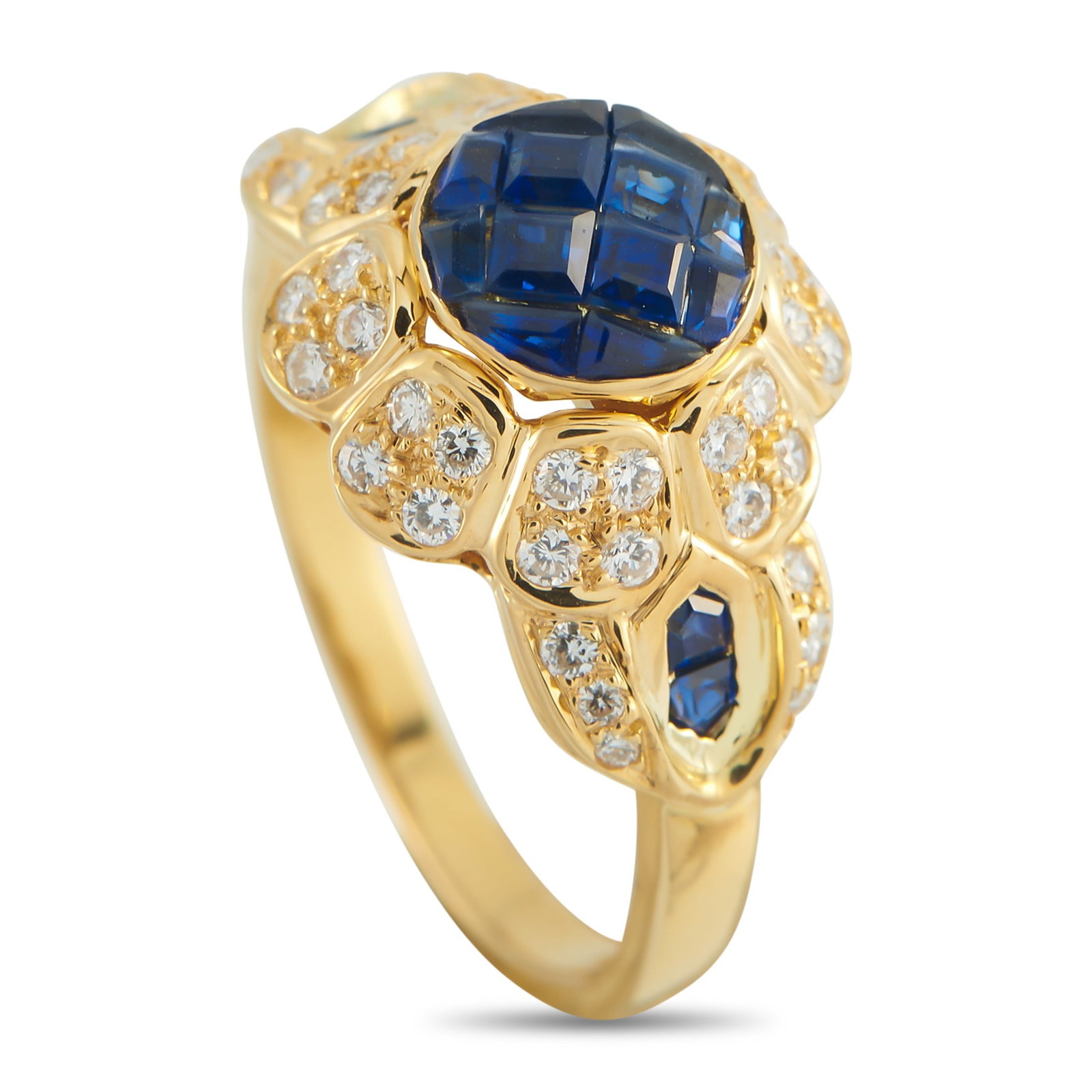 Mouawad 18K Yellow Gold Diamond and Sapphire Ring: This yellow gold Mouawad ring hits that sweet spot where fine jewelry feels completely effortless. Instead of a literal flower, it drops a subtle hint with a round dome of invisibly set sapphires righ