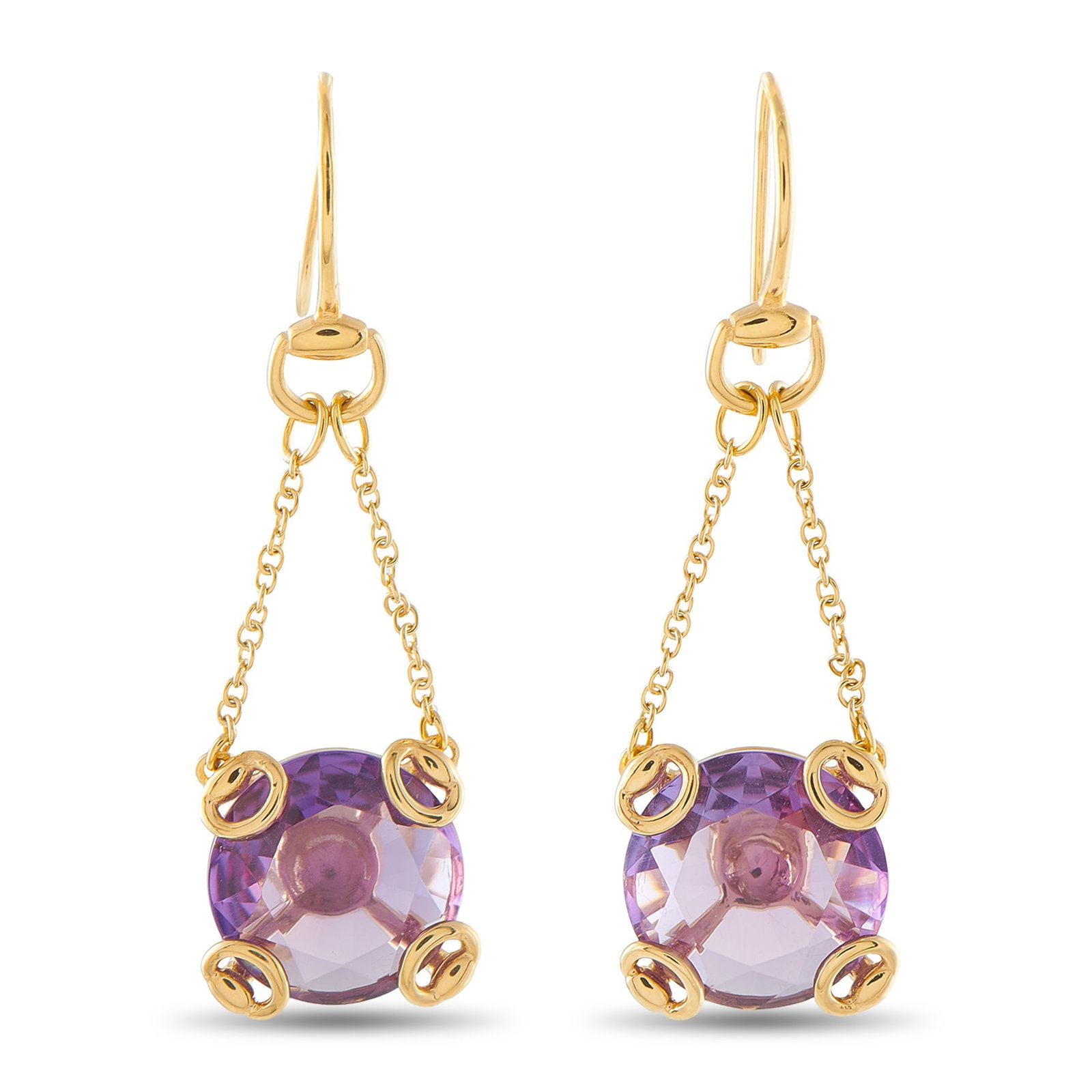 Gucci Horsebit 18K Yellow Gold Purple Gemstone Dangle Earrings: A pair of purple gemstones dangle delicately on these Gucci earrings. Throughout the design, the brand’s iconic horsebit motif adds a touch of obvious luxury. Each earring is crafted from 18K Yellow
