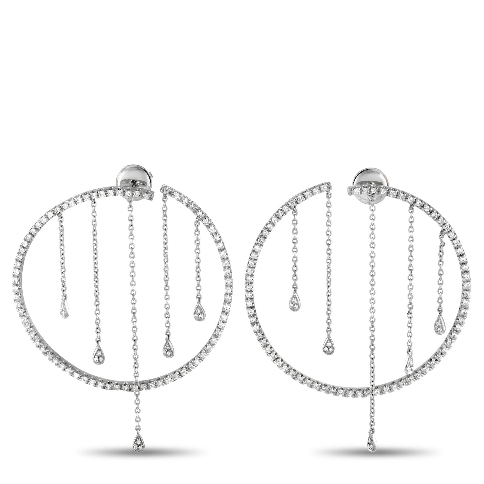Piero Milano 18K White Gold 1.10ct Diamond Earrings: Make a sparkling statement by adding these Piero Milano to any ensemble. Crafted from 18K white gold, each one features a circular setting measuring 1.75” round. Dangling chains give them a surp