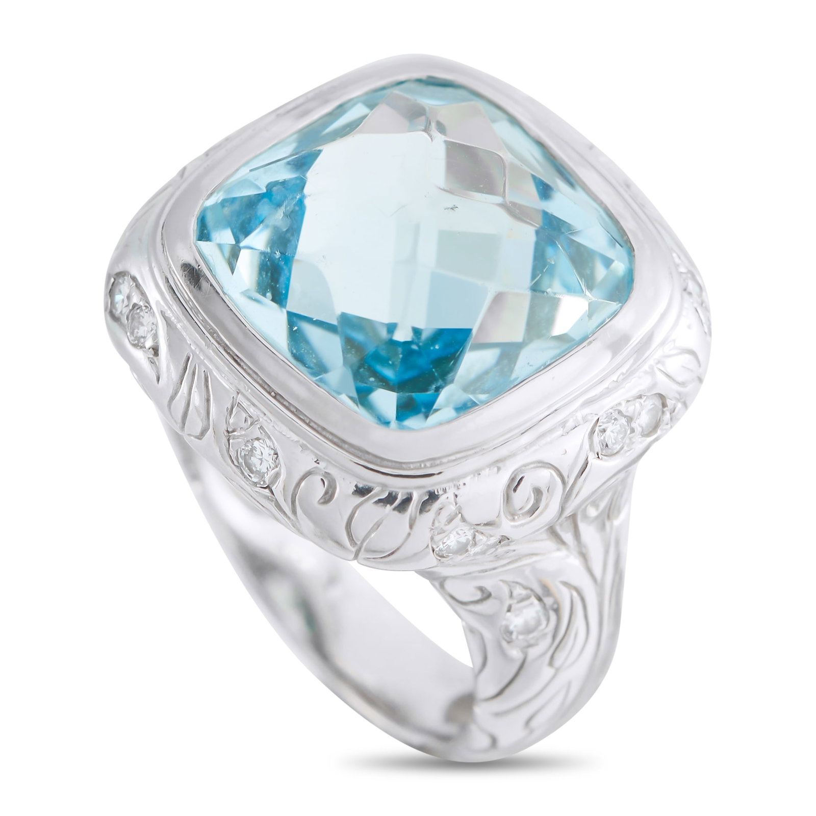Seidengang 18K White Gold Diamond and Topaz Ring: An intricate 18K White Gold setting accented by inset Diamonds provides this Seiden Gang ring with unmatched elegance. At the center, a breathtaking blue Topaz makes it impossible to ignore. It featur