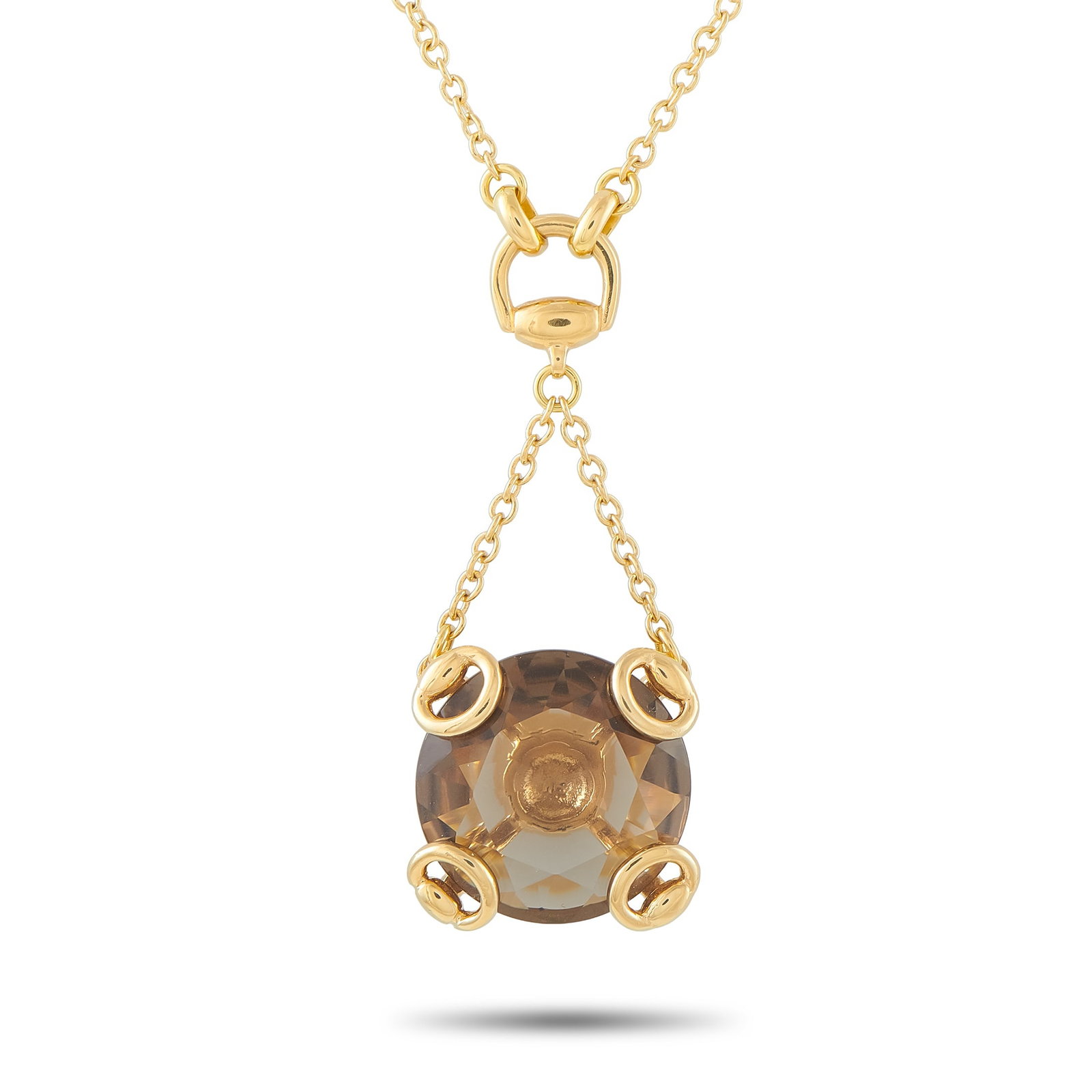 Gucci Horsebit 18K Yellow Gold Smoky Quartz Necklace: Horsebit motifs throughout the design make this Gucci necklace an instant classic. The delicate design is anchored by a single Smoky Quartz gemstone, which makes a statement at the center. Crafted fro