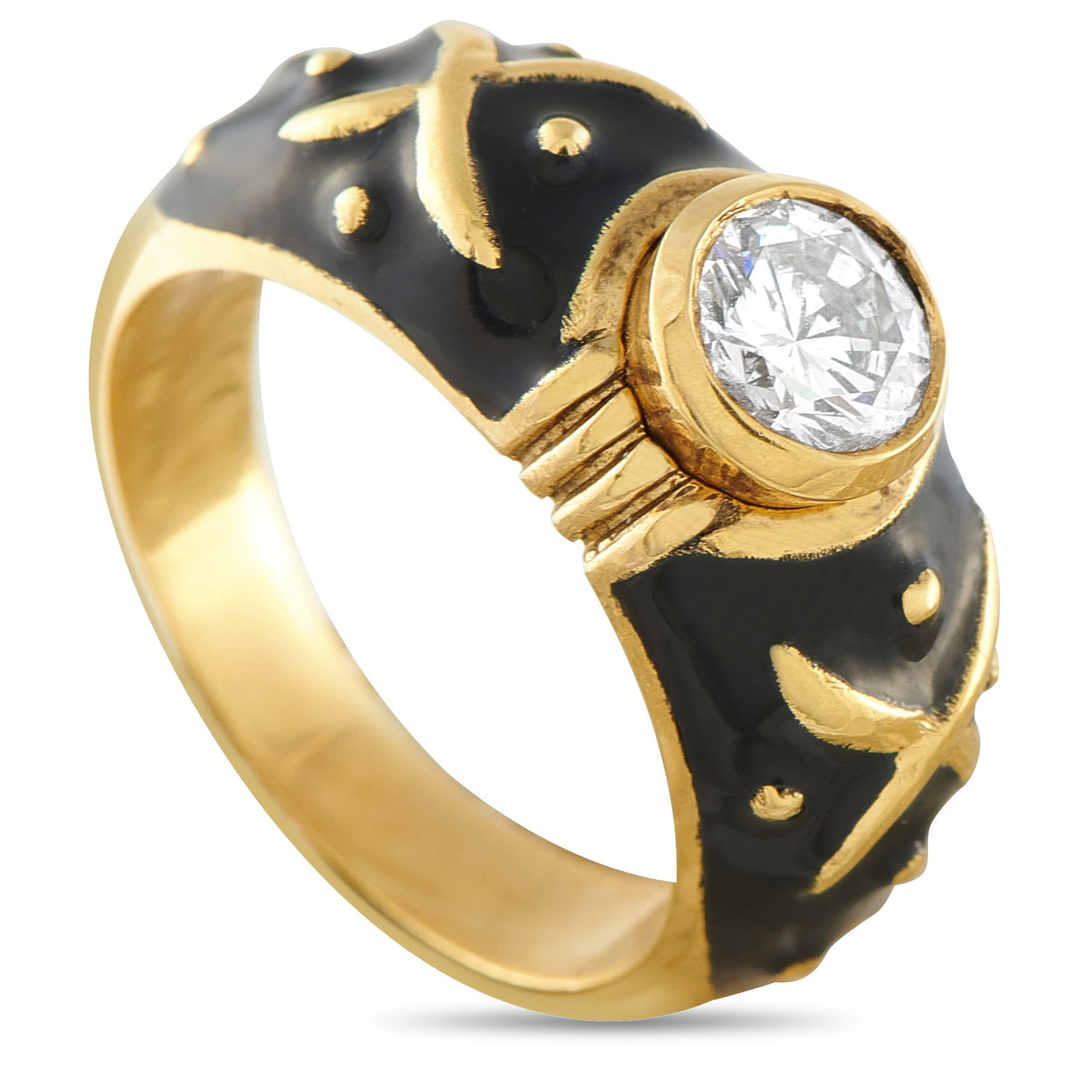Hidalgo 18K Yellow Gold 0.83ct Diamond Ring: Black accents and a classically elegant 18K Yellow Gold setting make this Hidalgo ring simply unforgettable. At the center, a 0.83 carat Diamond serves as a stunning focal point and effortlessly catch