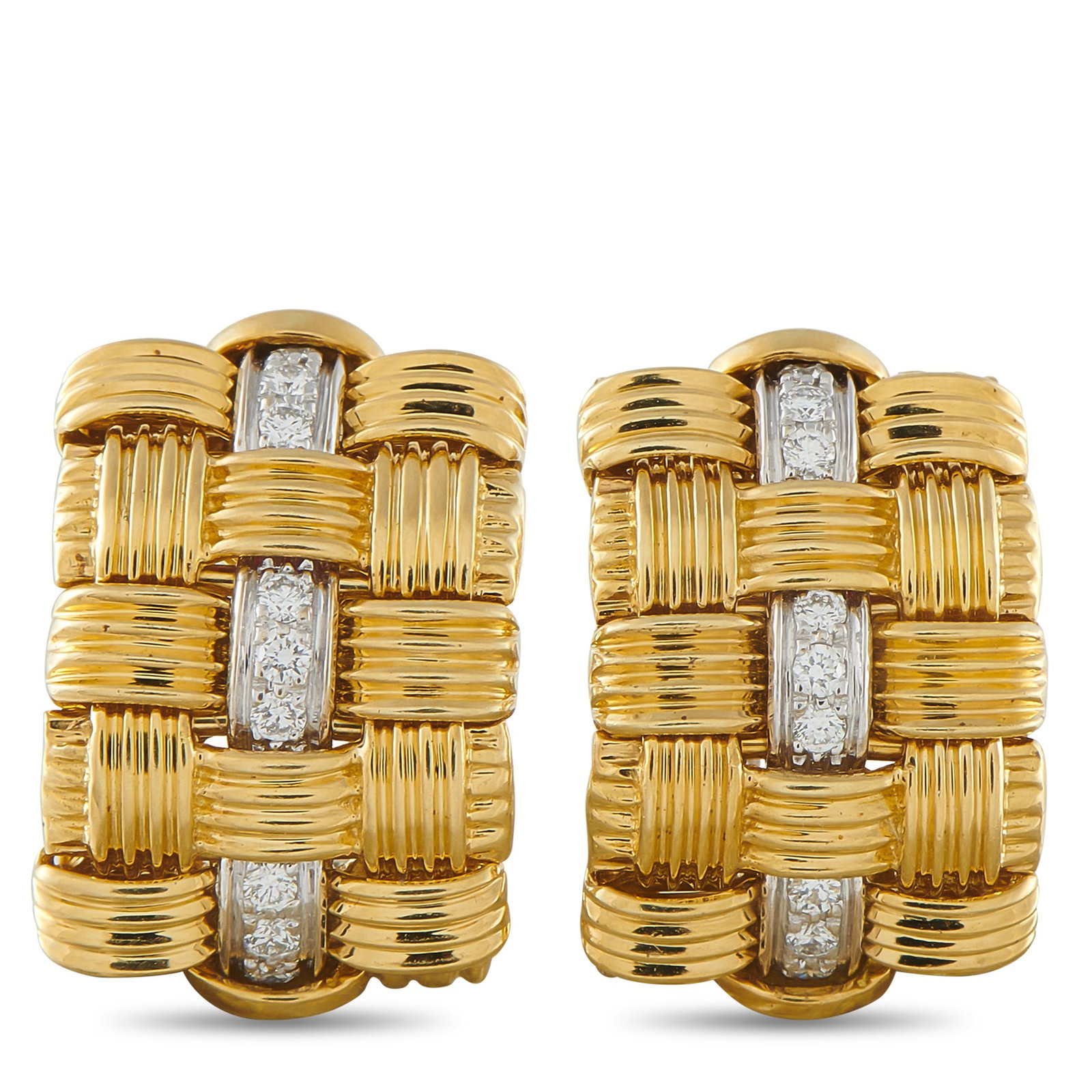 Roberto Coin Appassionata 18K White and Yellow Gold Woven Clip-On Earrings: These Roberto Coin Appassionata earrings will add texture, dimension, and sparkle to any ensemble. Crafted from a combination of 18K Yellow Gold and 18K White Gold, Diamonds make a statement at the ce