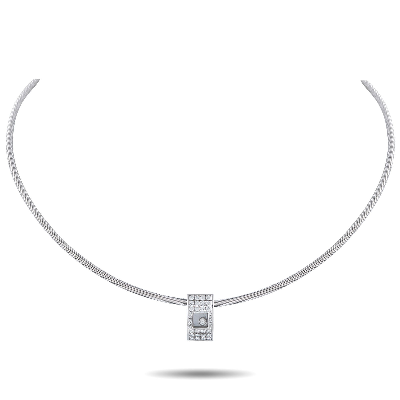 Chopard Happy Diamonds 18K White Gold Diamond Necklace: This Chopard Happy Diamonds necklace features a sleek, contemporary design that will complement any upscale ensemble. The 14.25” cord beautifully showcases this piece’s central pendant, which 