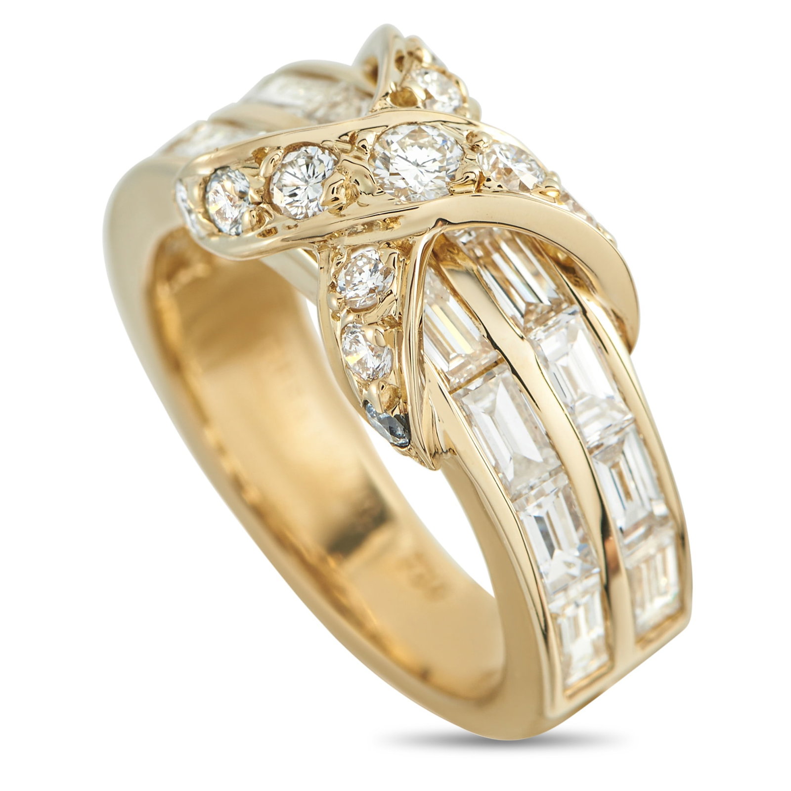 Tiffany & Co. 18K Yellow Gold 1.75ct Diamond Ring: This Tiffany & Co. ring features a classically elegant design. Set in 18K Yellow Gold, round-cut Diamonds and Diamond baguettes with a total weight of 1.75 carats allow it to effortlessly catch the li