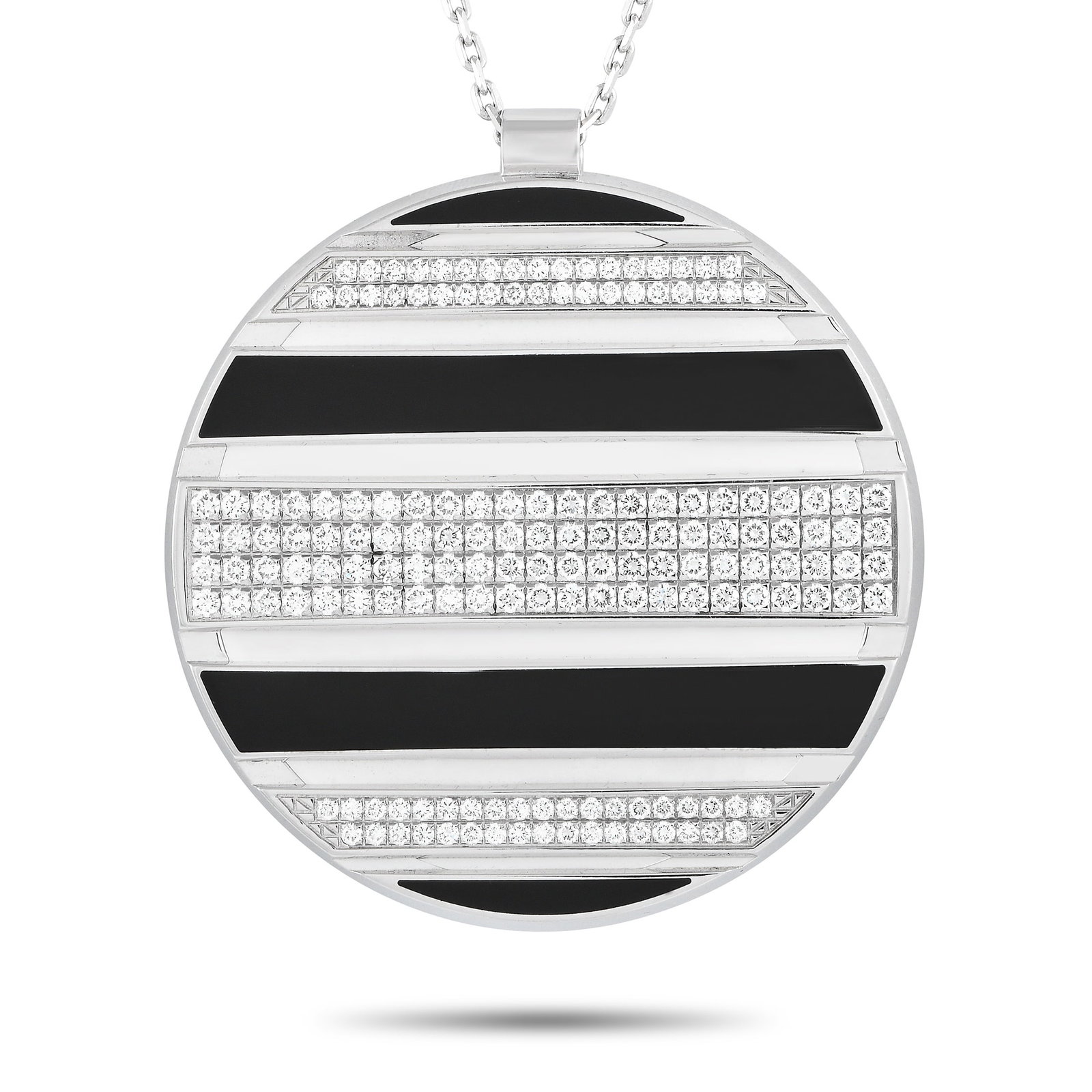 Chaumet Class One 18K White Gold 2.0ct Diamond Black and White Enamel Necklace: From Chaumet’s Class One Collection, this necklace offers distinctiveness of form and elegance. It features an oversized disc pendant suspending from a white gold chain with a lobster clasp. The rou