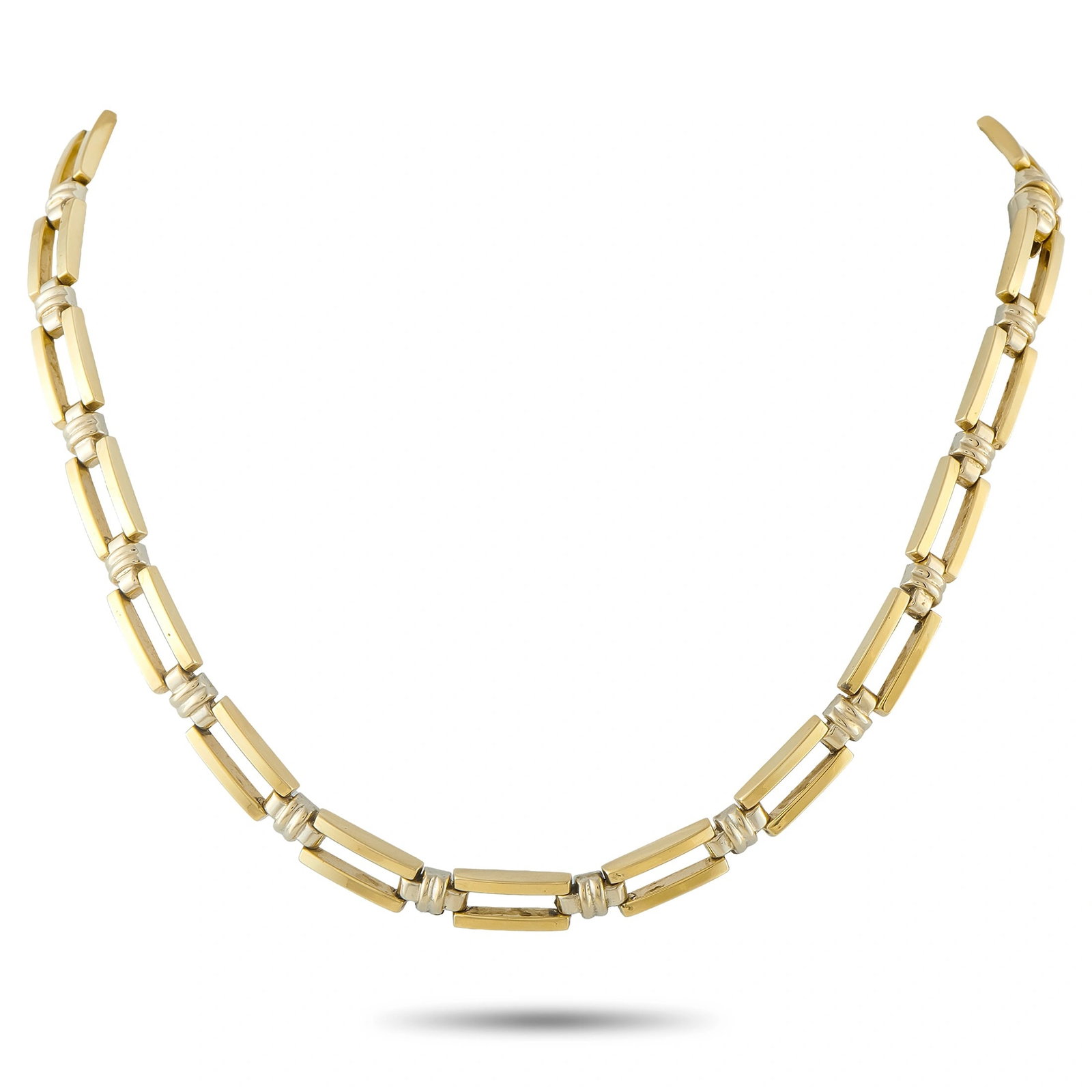 ROBERTO COIN 18K Yellow Gold Link Necklace: A substantial 18-karat yellow gold bar link necklace by Roberto Coin , featuring elongated rectangular bar links joined by wrapped gold connectors — a hallmark of the Maison’s Vicenza goldsmithing