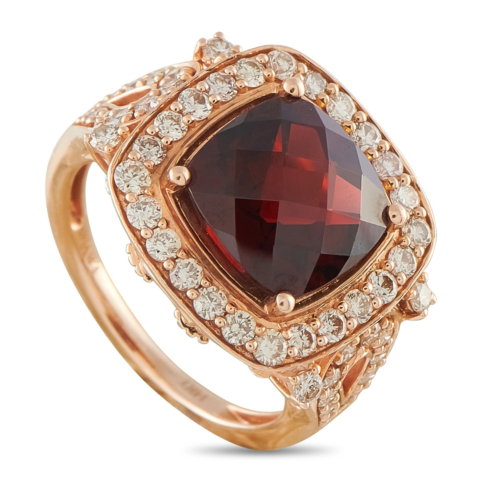 LE VIAN 14K Rose Gold 0.66ct Diamond and Garnet Ring: This Le Vian ring is simply breathtaking. A vibrant 6.0 carat checkerboard cut Garnet adds color, texture, and dimension to the overall design. The detailed 14K Rose Gold setting is further elevated b