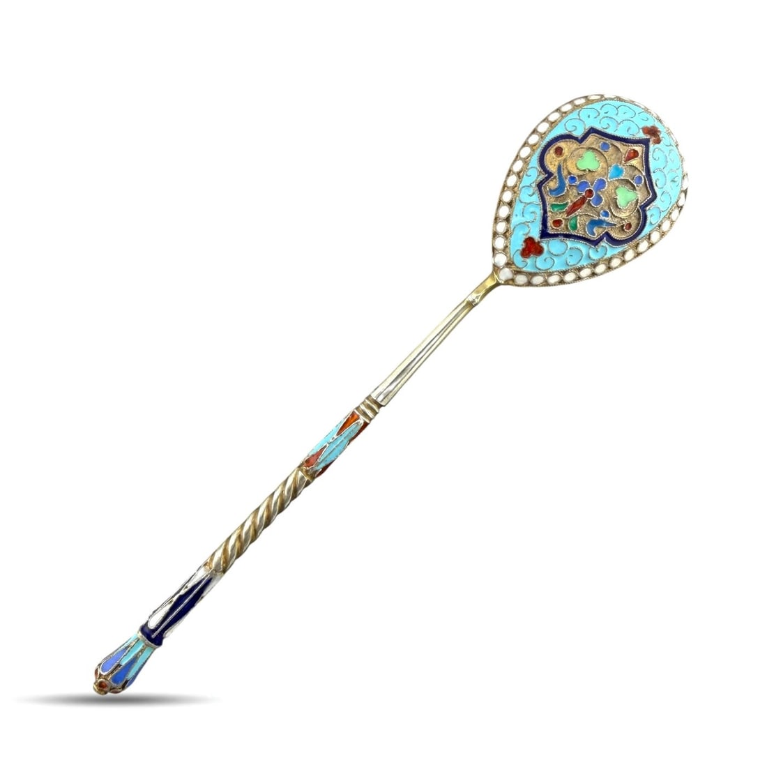 Spoon .875 (84 Zolotniki) Silver: Imperial Russian 84 Zolotnik Silver Enamel Antique Spoon This elegant antique Russian spoon is crafted in the traditional 84 zolotnik silver standard, equivalent to .875 silver. The enamel decorated d