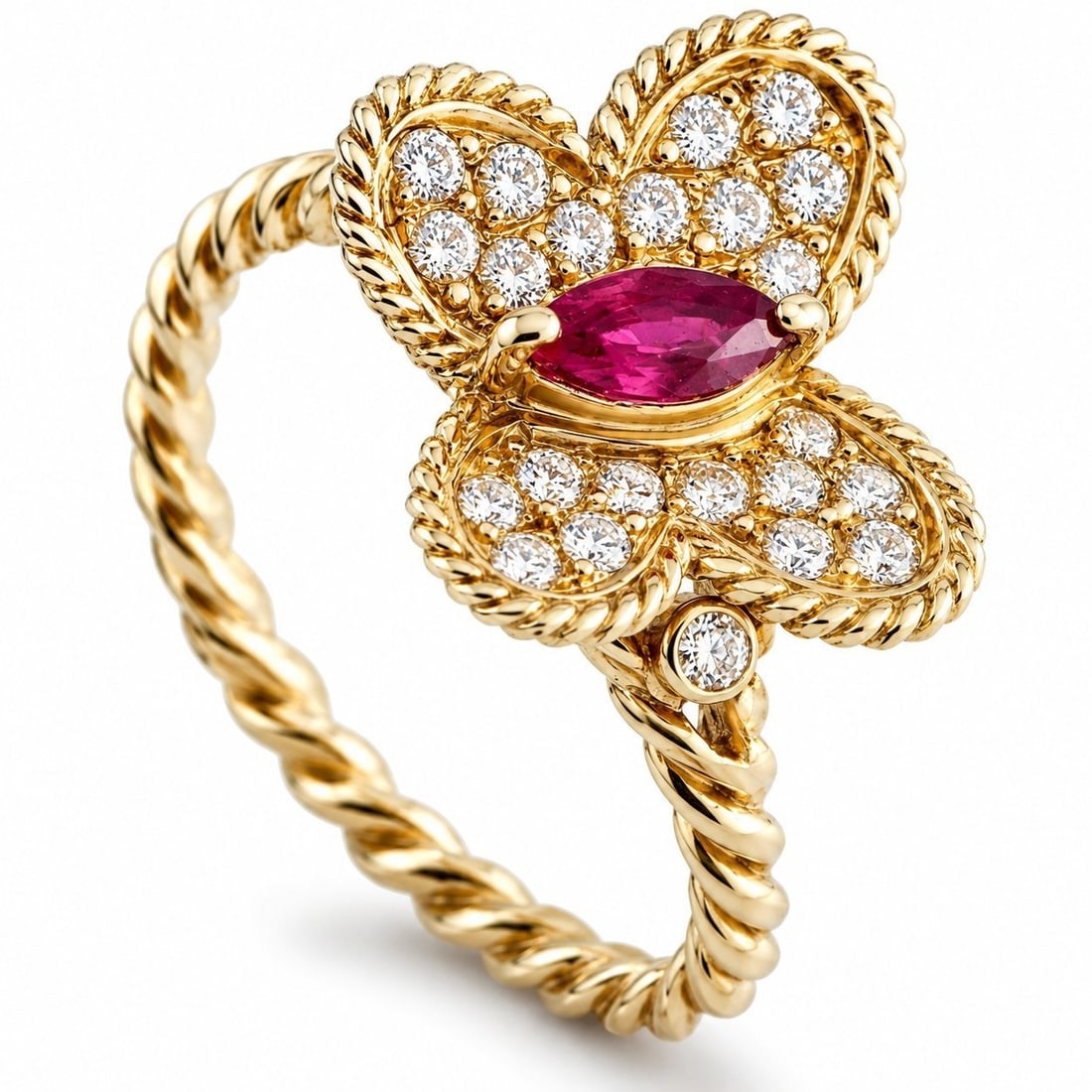 Graff 18K Yellow Gold Diamond and Ruby Butterfly Ring: Graff 18K Yellow Gold Diamond and Ruby Butterfly Ring A charming butterfly motif makes a statement atop this vintage Graff ring. Simple and elegant, Diamond accents and a Ruby center stone make it a l
