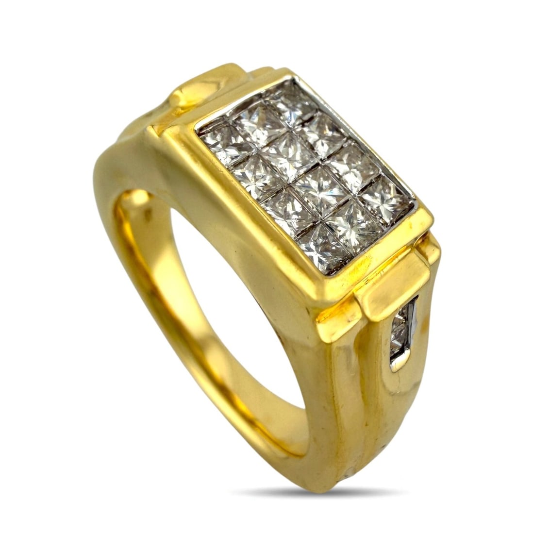 18K Yellow Gold 0.80ct Diamond Large Ring: 18K Yellow Gold 0.80ct Diamond Large Ring A bold yellow gold ring crafted with a substantial profile and set with square cut diamonds. The clean geometric diamond arrangement gives the piece a refined
