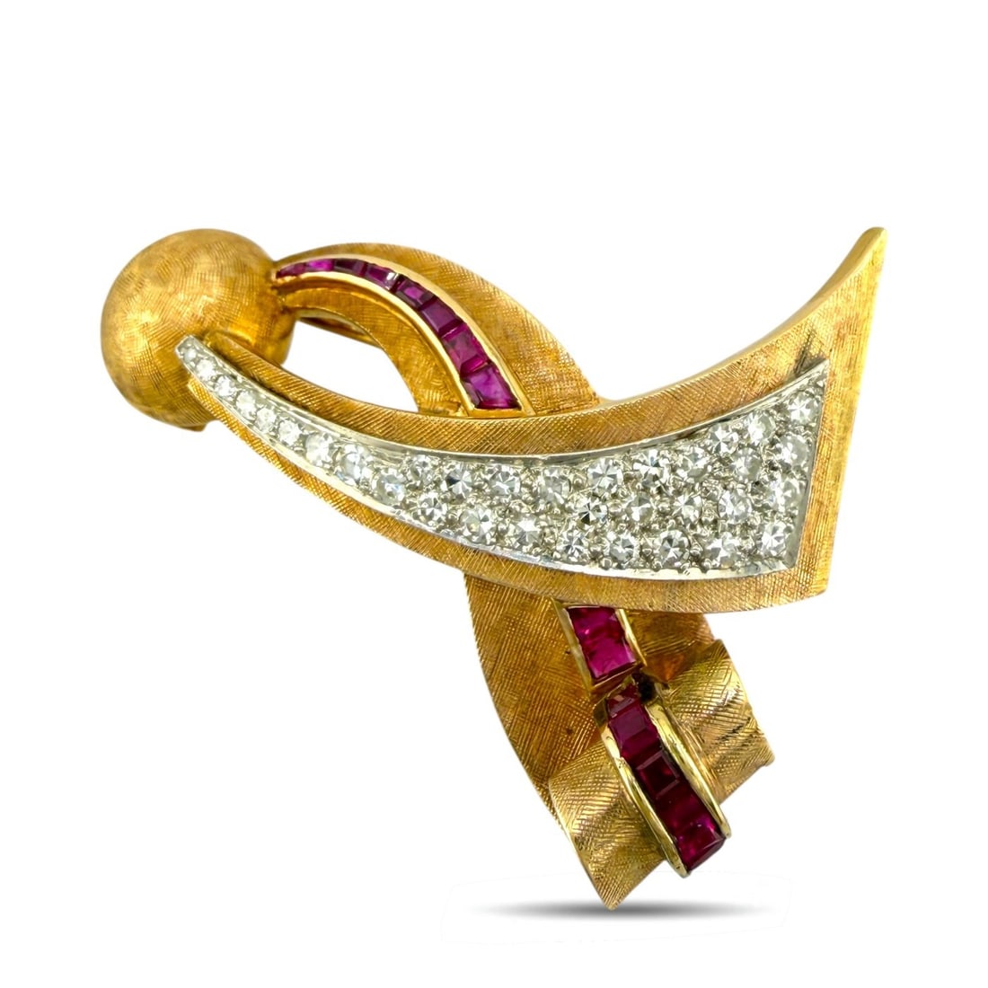 14K Rose Gold Vintage 1.0ct Diamond and Ruby Pendant Brooch: 14K Rose Gold Vintage 1.0ct Diamond and Ruby Pendant Brooch A charming vintage pendant brooch crafted in rose gold with a sculptural ball form and elegant flowing design. The piece is accented with sp